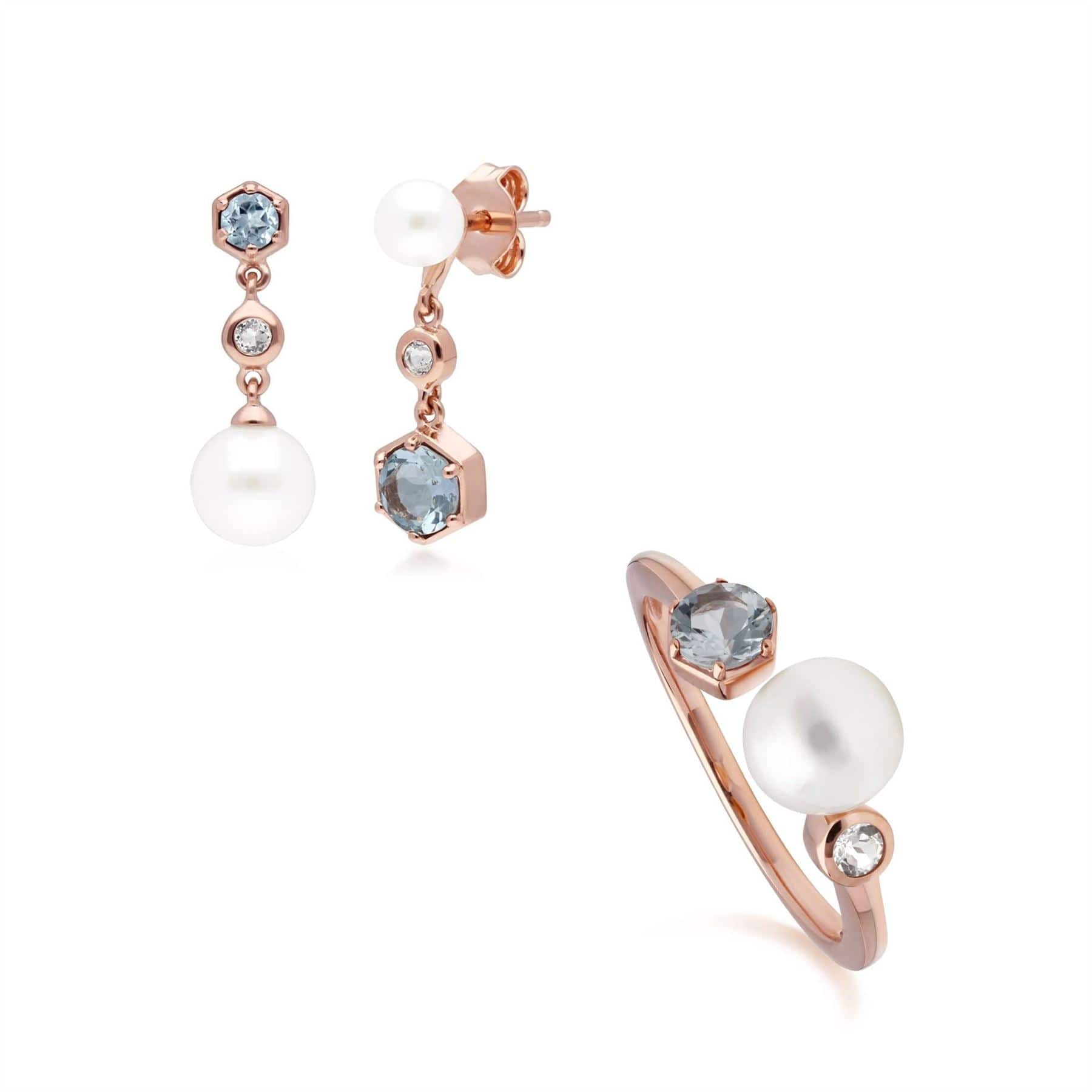 Image of Modern Pearl, Aquamarine & Topaz Earring & Ring Set in Rose Gold Plated Silver