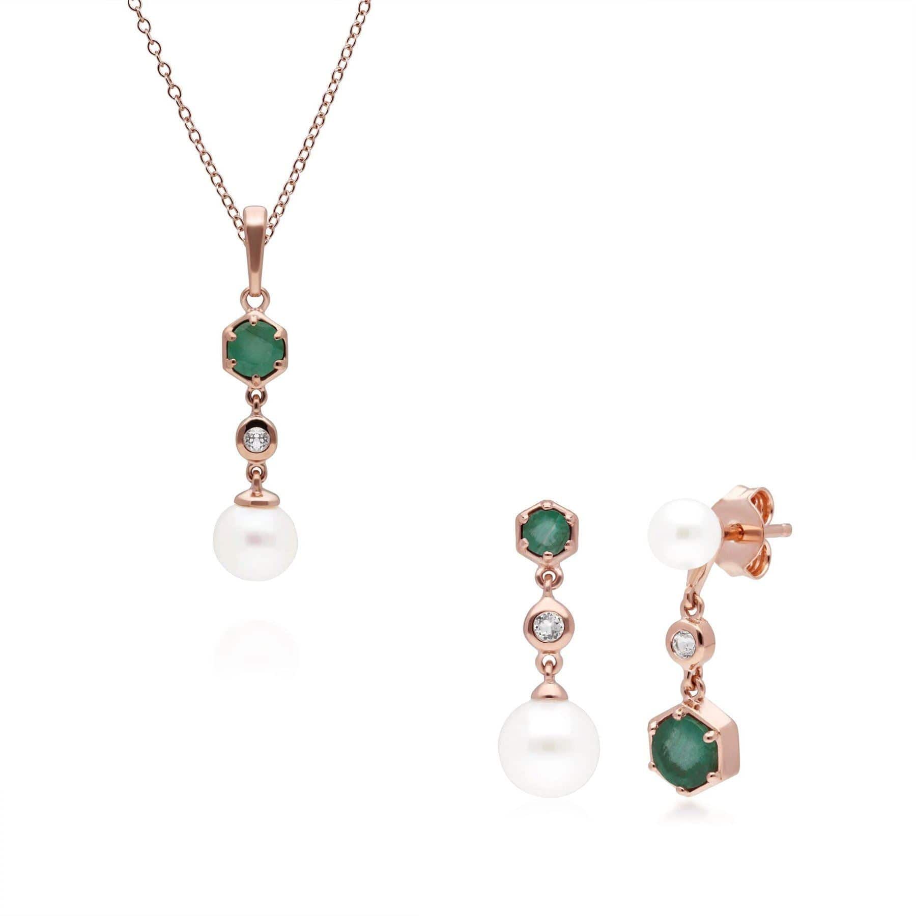 Product photograph of Modern Pearl Emerald Topaz Pendant Earring Set In Rose Gold Plated Silver from Gemondo Jewellery