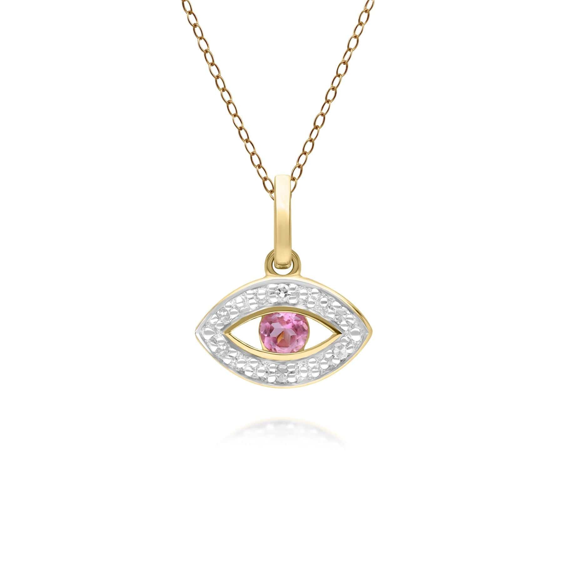 Product photograph of Ecfew Dainty Evil Eye Pink Tourmaline Diamond Pendant In 9ct Yellow Gold from Gemondo Jewellery