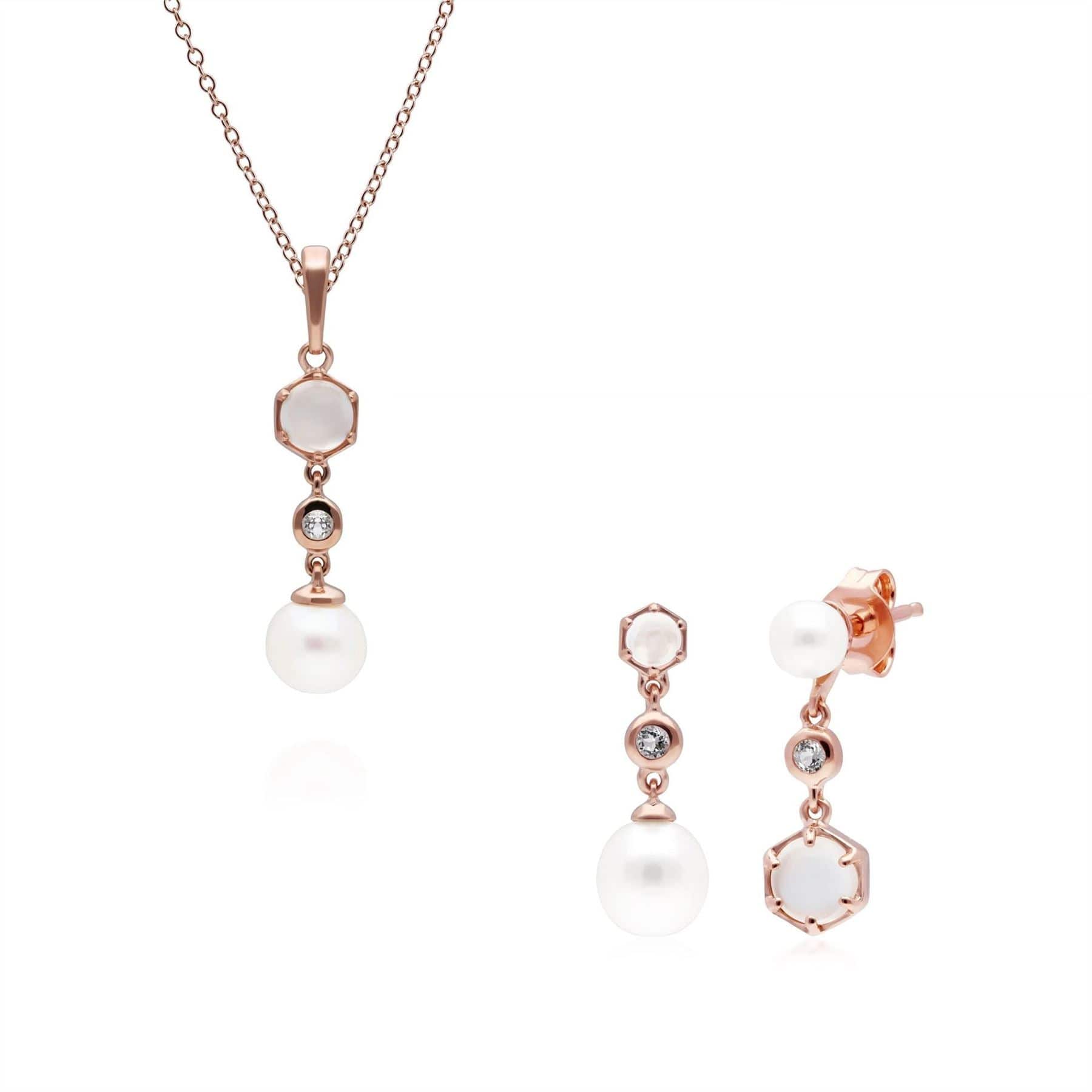 Product photograph of Modern Pearl Moonstone Topaz Pendant Drop Earring Set In Rose Gold Plated Silver from Gemondo Jewellery