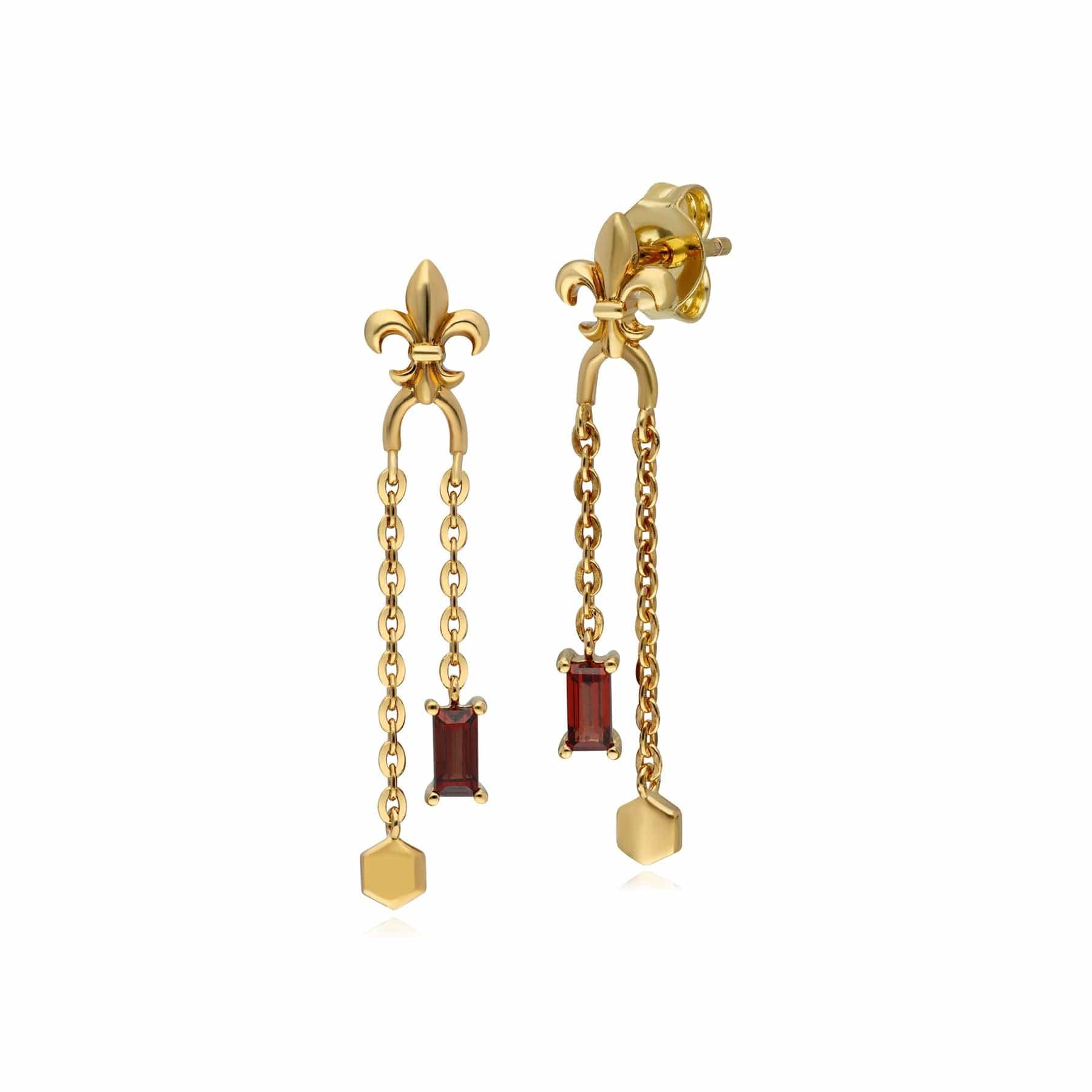Product photograph of Ecfew Garnet Fleur De Lis Chain Drop Earrings In 9ct Yellow Gold from Gemondo Jewellery
