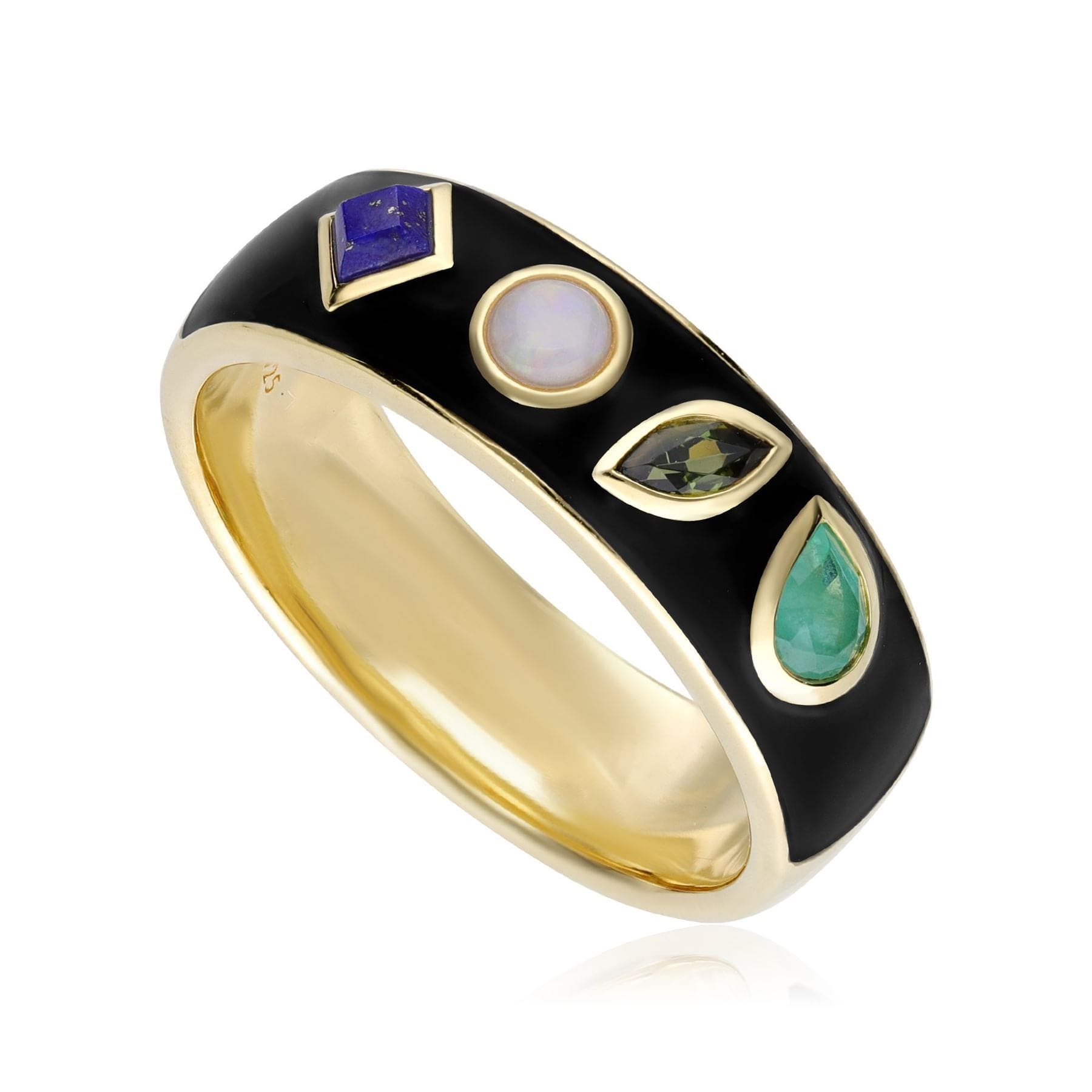 Image of Coded Whispers Black Enamel 'Love' Acrostic Gemstone Ring In Yellow Gold Plated Silver