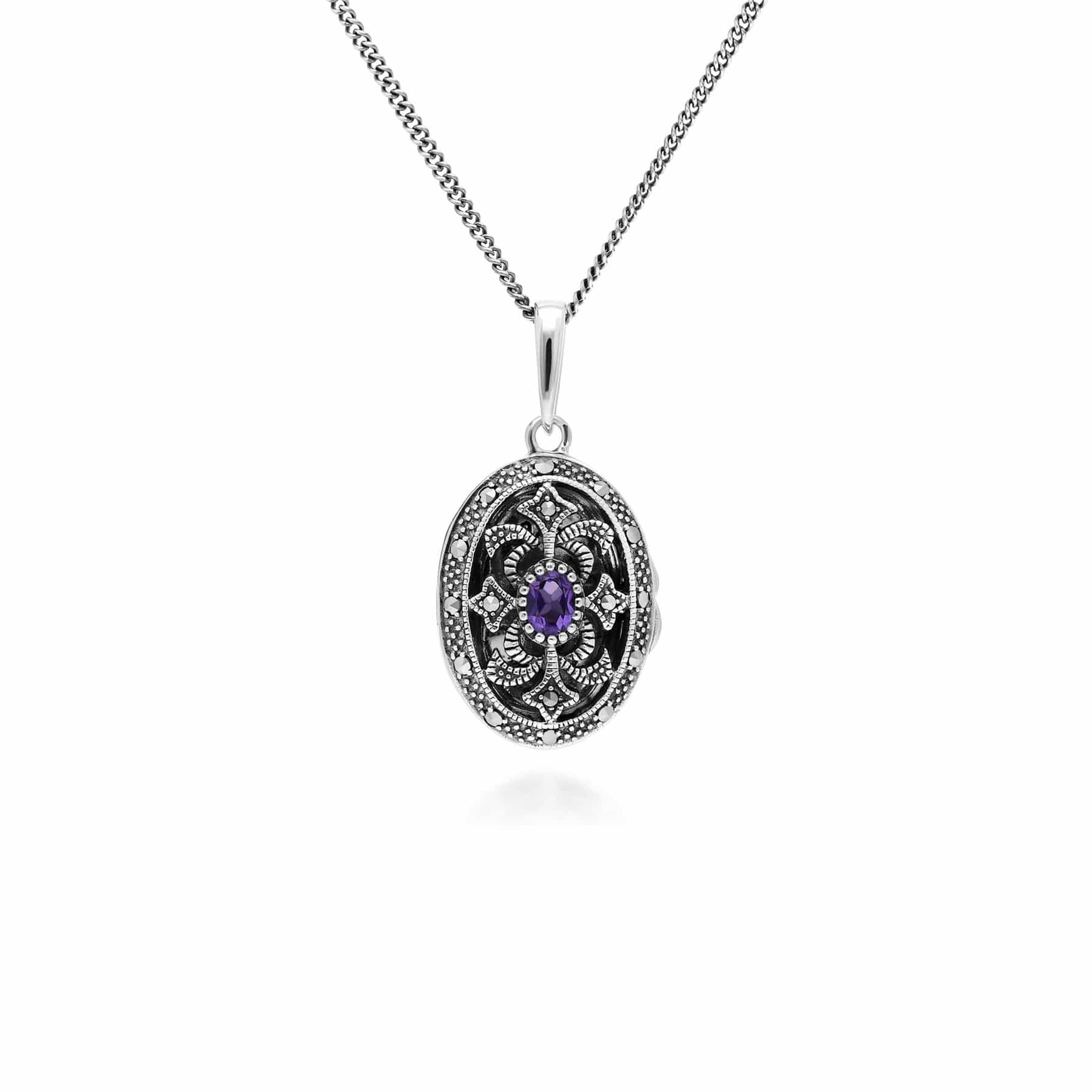 Product photograph of Art Nouveau Style Oval Amethyst Marcasite Locket Necklace In 925 Sterling Silver from Gemondo Jewellery