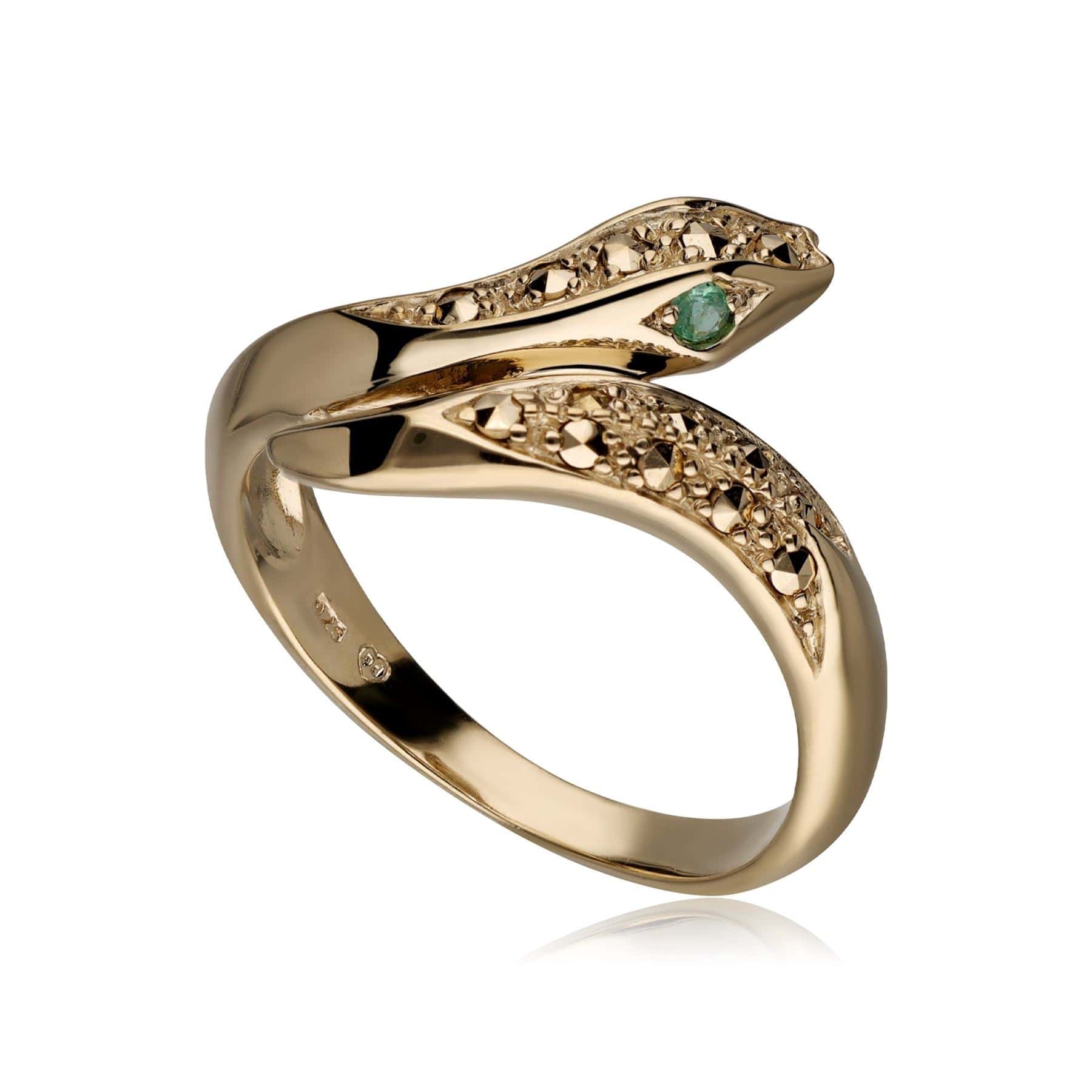 Product photograph of Emerald Eye Marcasite Snake Ring In Gold Plated Sterling Silver from Gemondo Jewellery