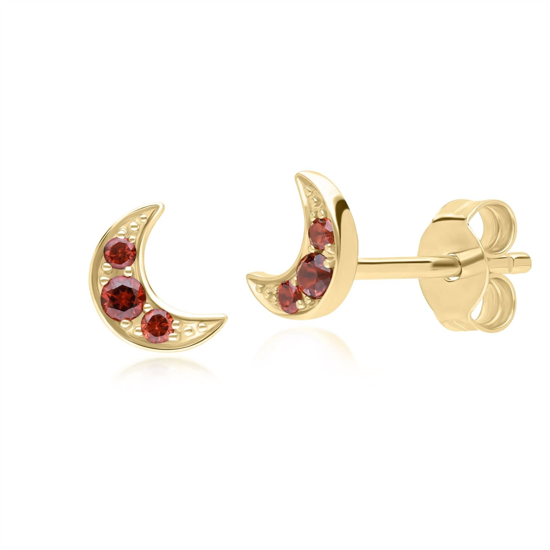Product photograph of Night Sky Garnet Moon Stud Earrings In 9ct Yellow Gold from Gemondo Jewellery