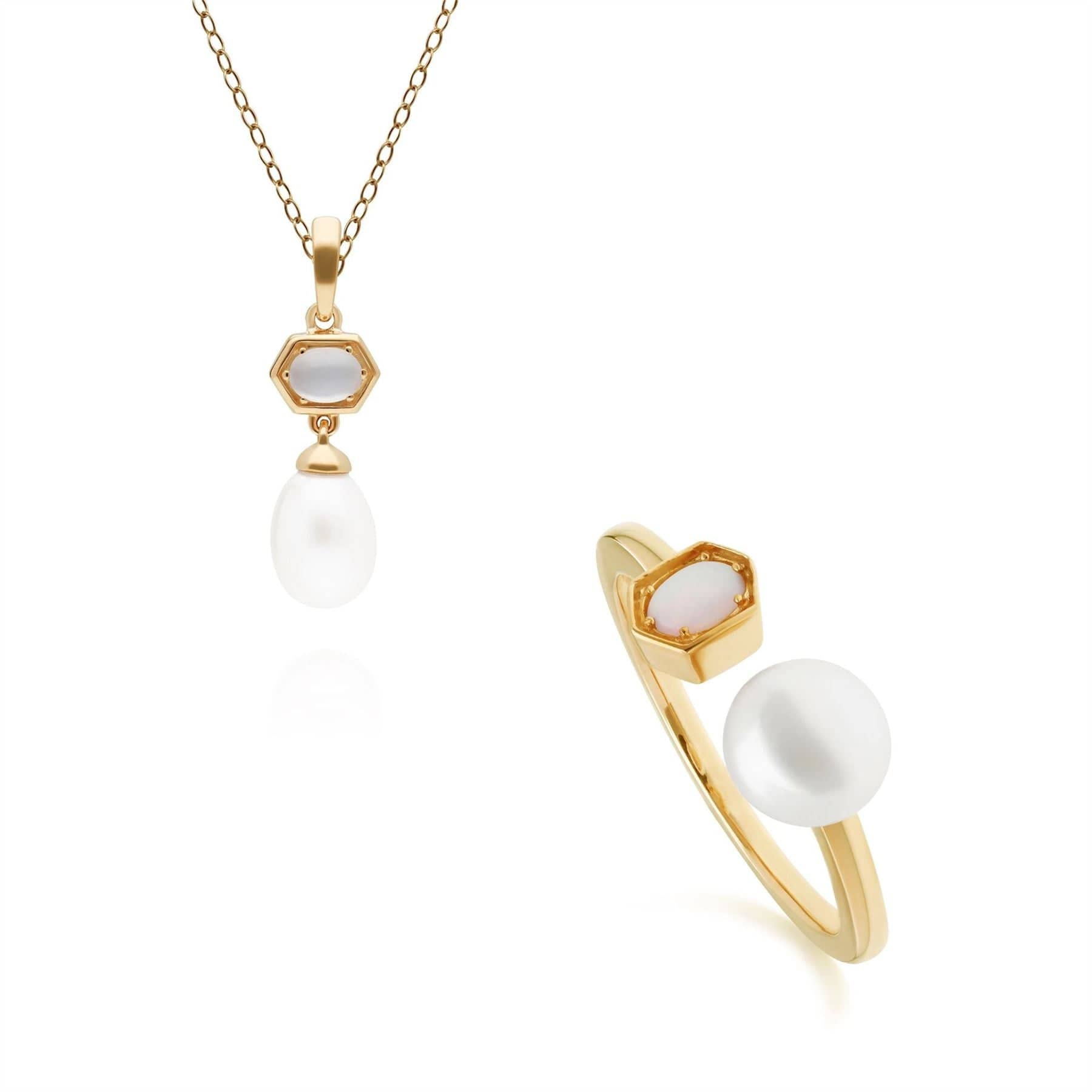 Product photograph of Modern Pearl Moonstone Pendant Ring Set In Gold Plated Silver from Gemondo Jewellery