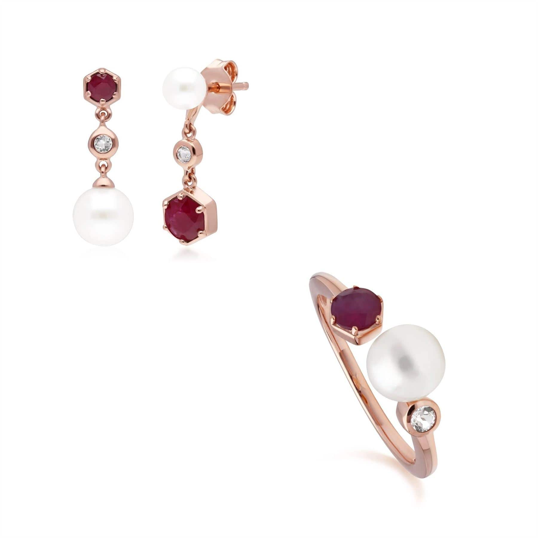 Product photograph of Modern Pearl Ruby Topaz Earring Ring Set In Rose Gold Plated Silver from Gemondo Jewellery