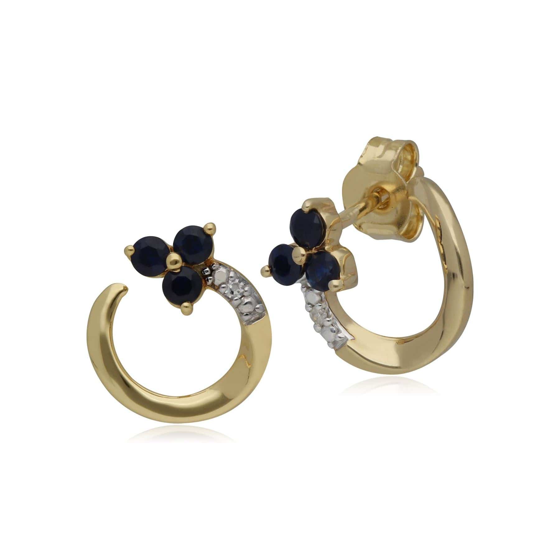 Image of Classic Floral Sapphire & Diamond Swirl Stud Earrings in 9ct Yellow Gold