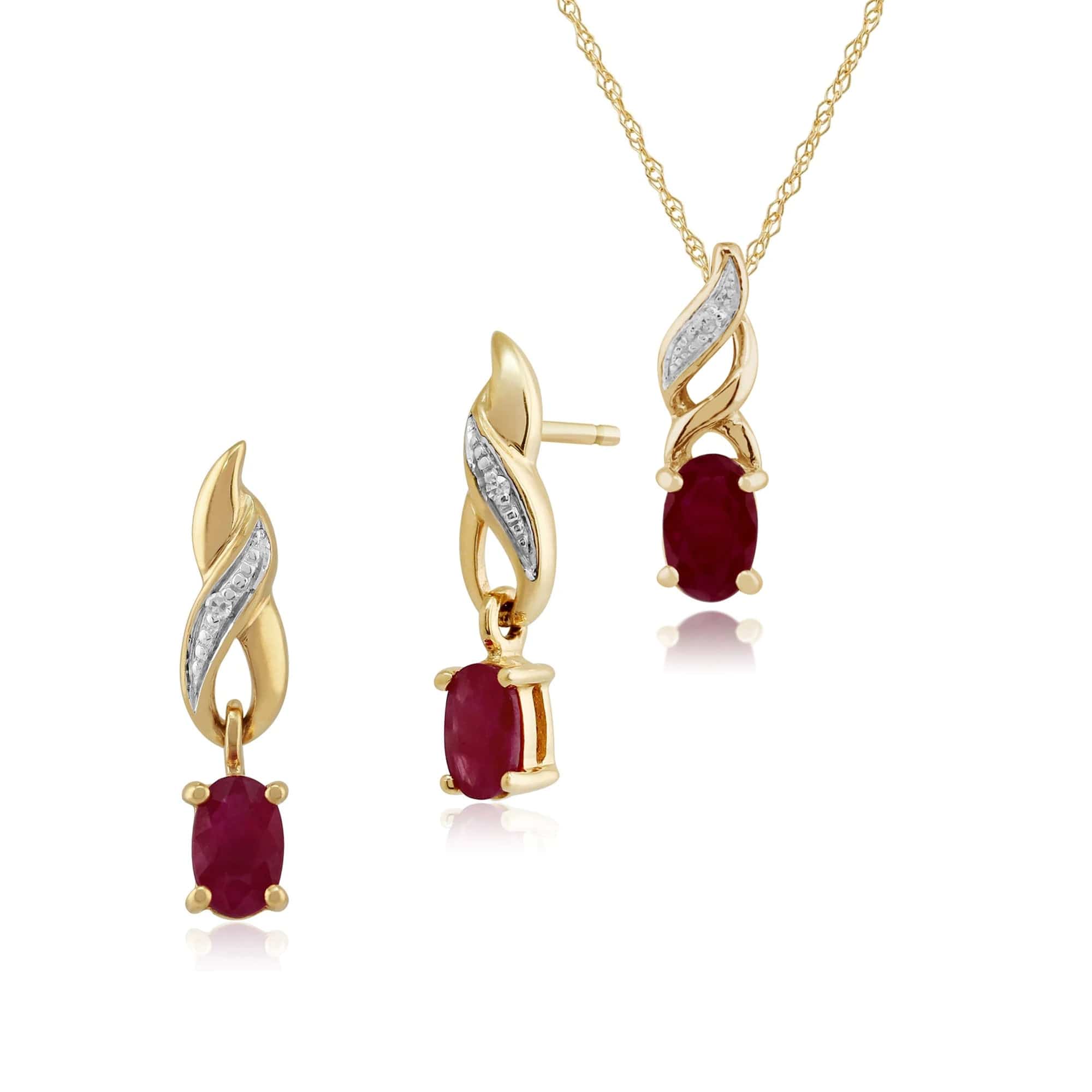 Product photograph of Classic Oval Ruby Diamond Twist Drop Earrings Pendant Set In 9ct Yellow Gold from Gemondo Jewellery