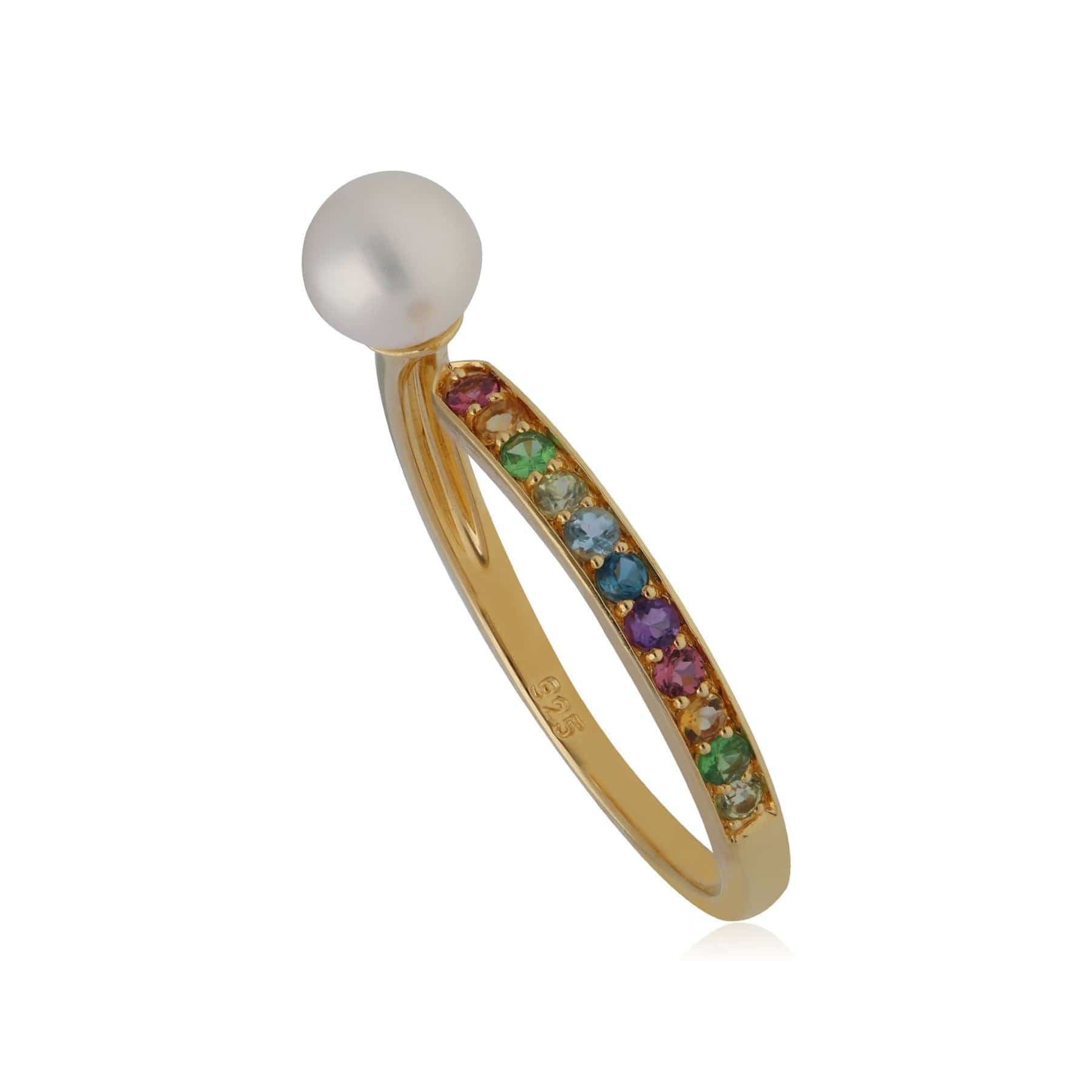 Image of Rainbow Gemstone & Pearl Open Ring in Gold Plated Sterling Silver