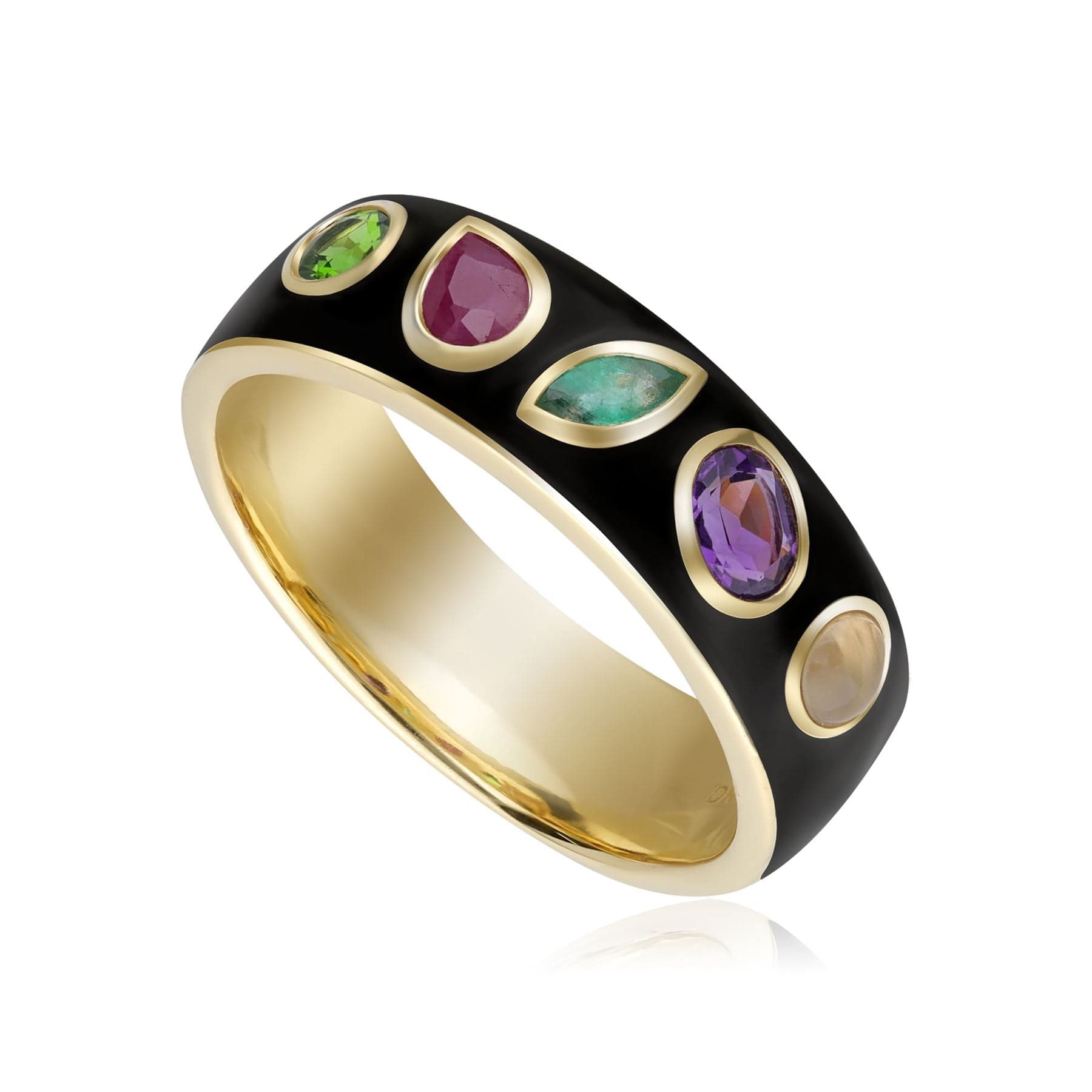 Image of Coded Whispers Black Enamel 'Dream' Acrostic Gemstone Ring In Yellow Gold Plated Silver