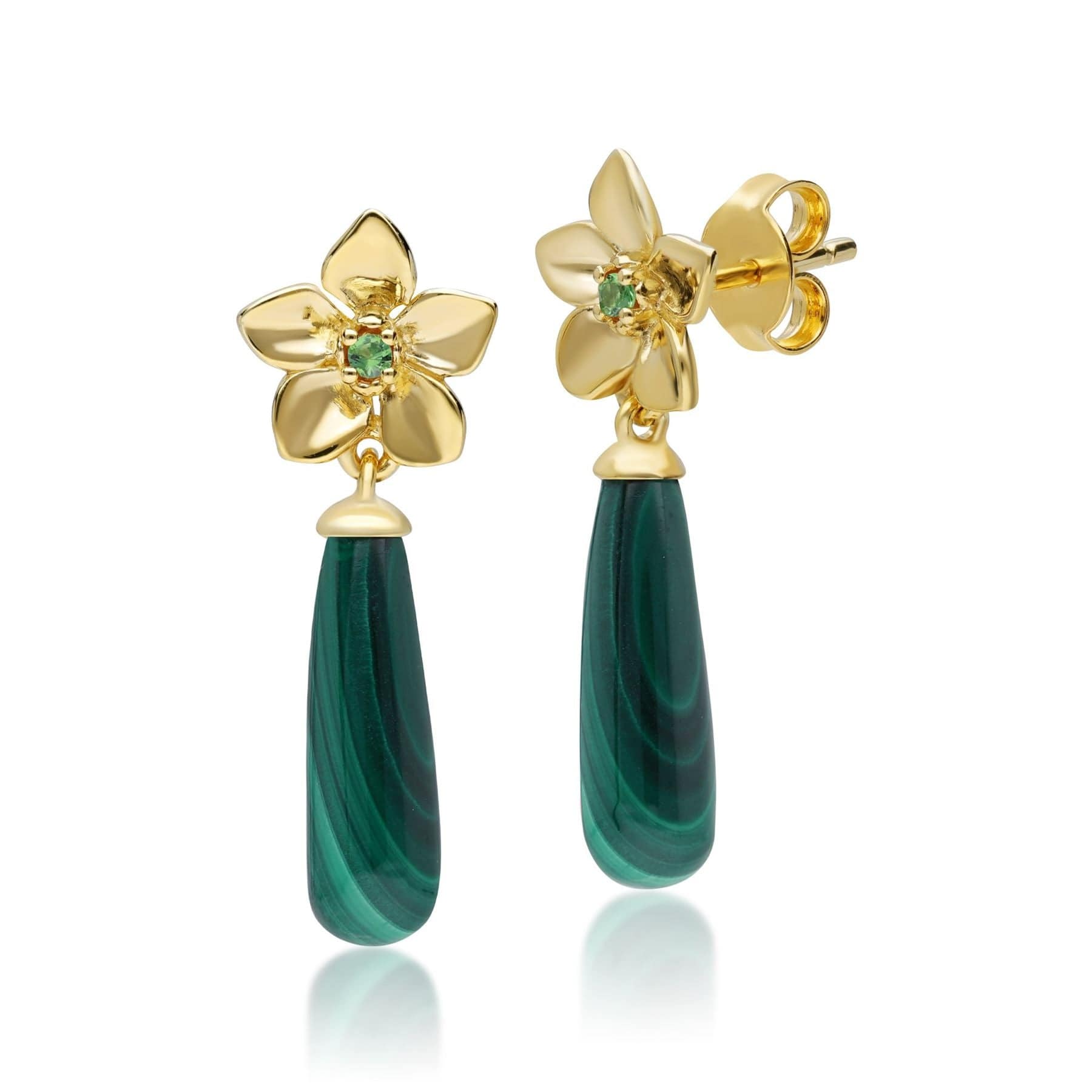 Product photograph of Ecfew Creator Malachite Tsavorite Drop Earrings In Gold Plated Sterling Silver from Gemondo Jewellery