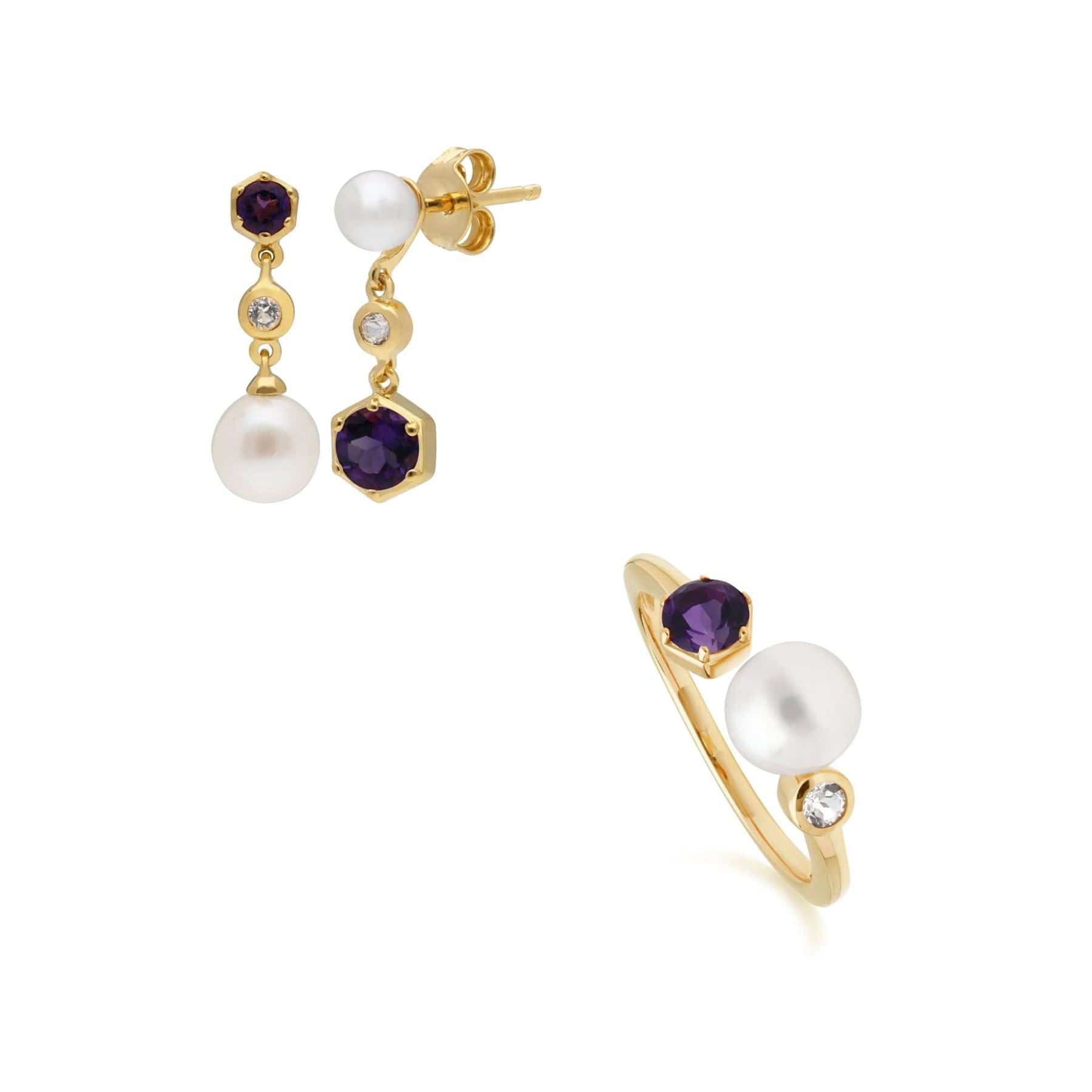 Product photograph of Modern Pearl Topaz Amethyst Earring Ring Set In Gold Plated Silver from Gemondo Jewellery