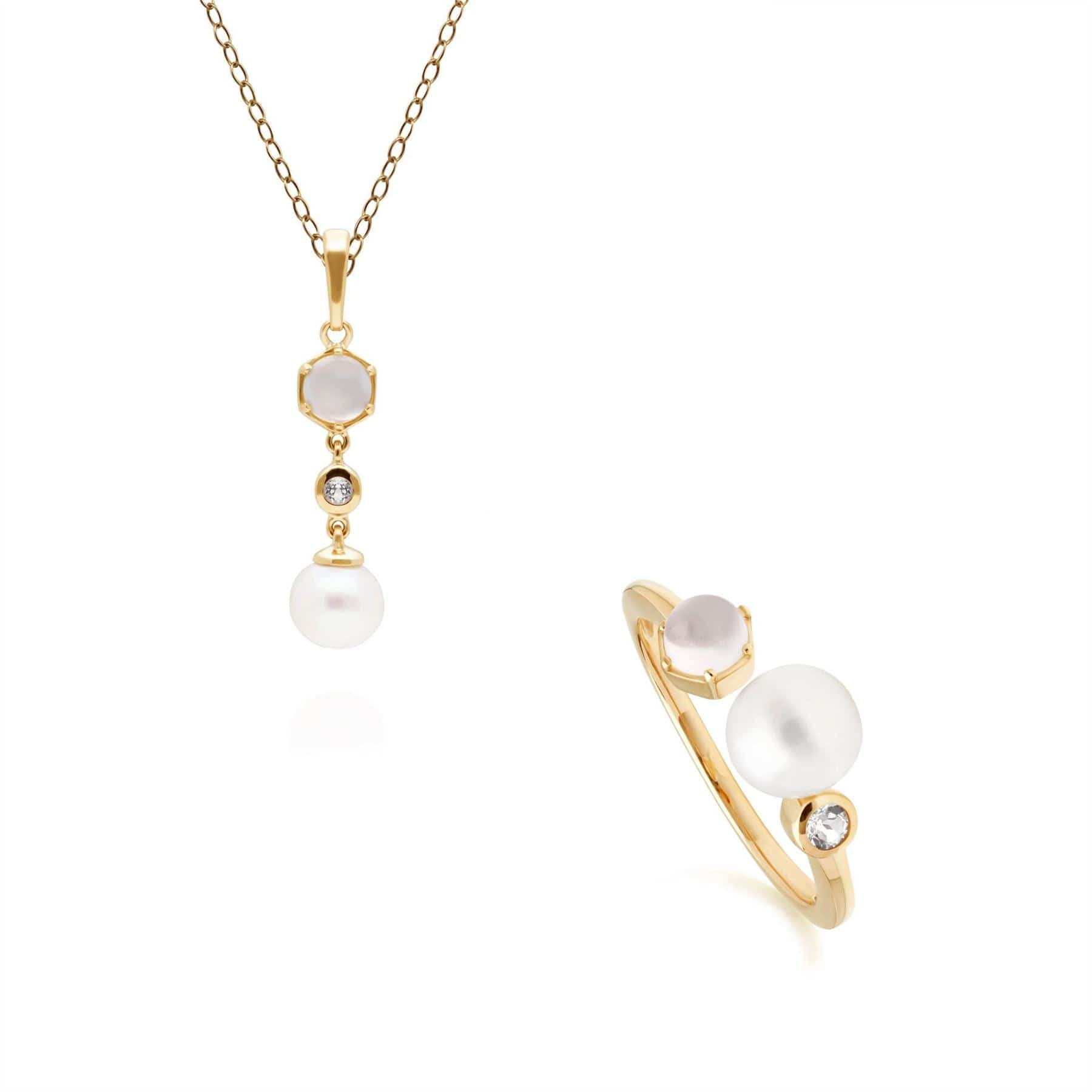 Product photograph of Modern Pearl Topaz Moonstone Pendant Ring Set In Gold Plated Silver from Gemondo Jewellery