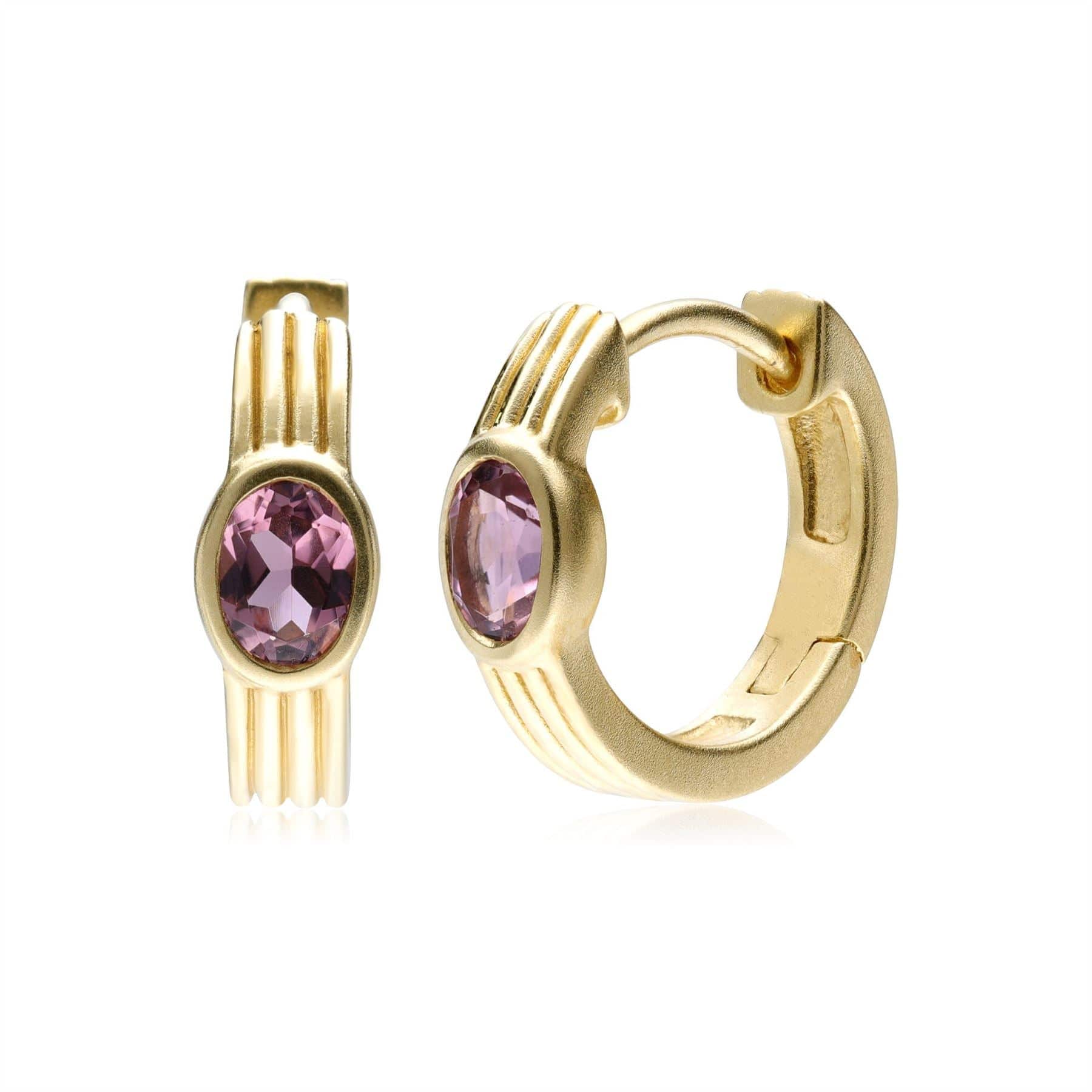 Image of Caruso Pink Tourmaline Huggie Hoop Earrings In 9ct Yellow Gold