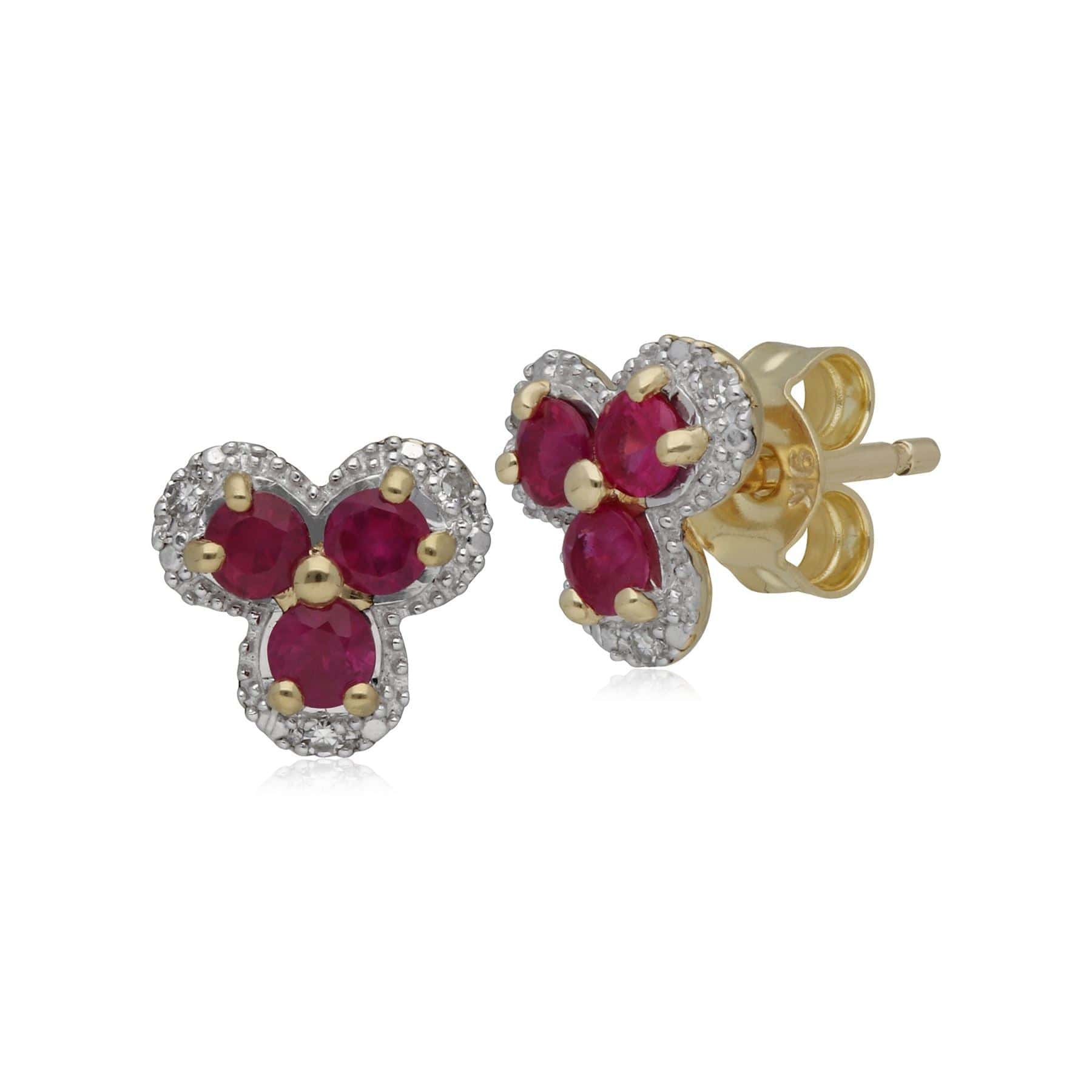 Photos - Earrings Classic Floral Ruby & Diamond Stud  in 9ct Yellow Gold