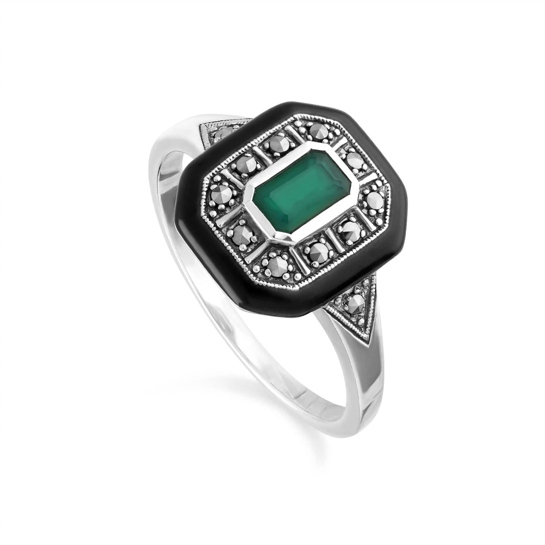 Image of Art Deco Inspired Chalcedony, Enamel & Marcasite Square Ring In Sterling Silver