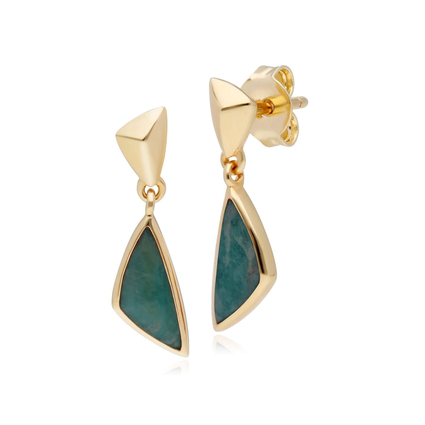 Product photograph of Micro Statement Asymmetrical Amazonite Drop Earrings In Gold Plated Silver from Gemondo Jewellery