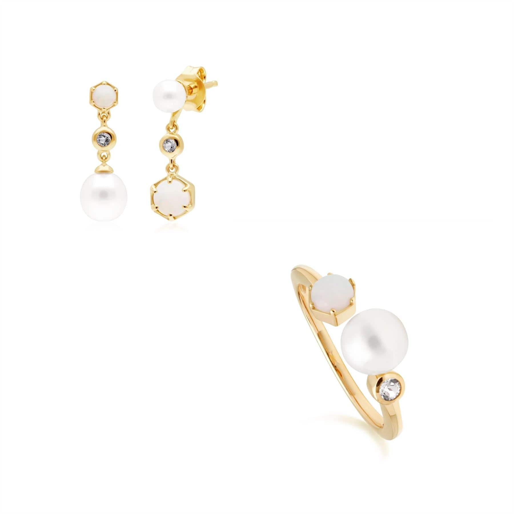 Product photograph of Modern Pearl Topaz Opal Earring Ring Set In Gold Plated Silver from Gemondo Jewellery