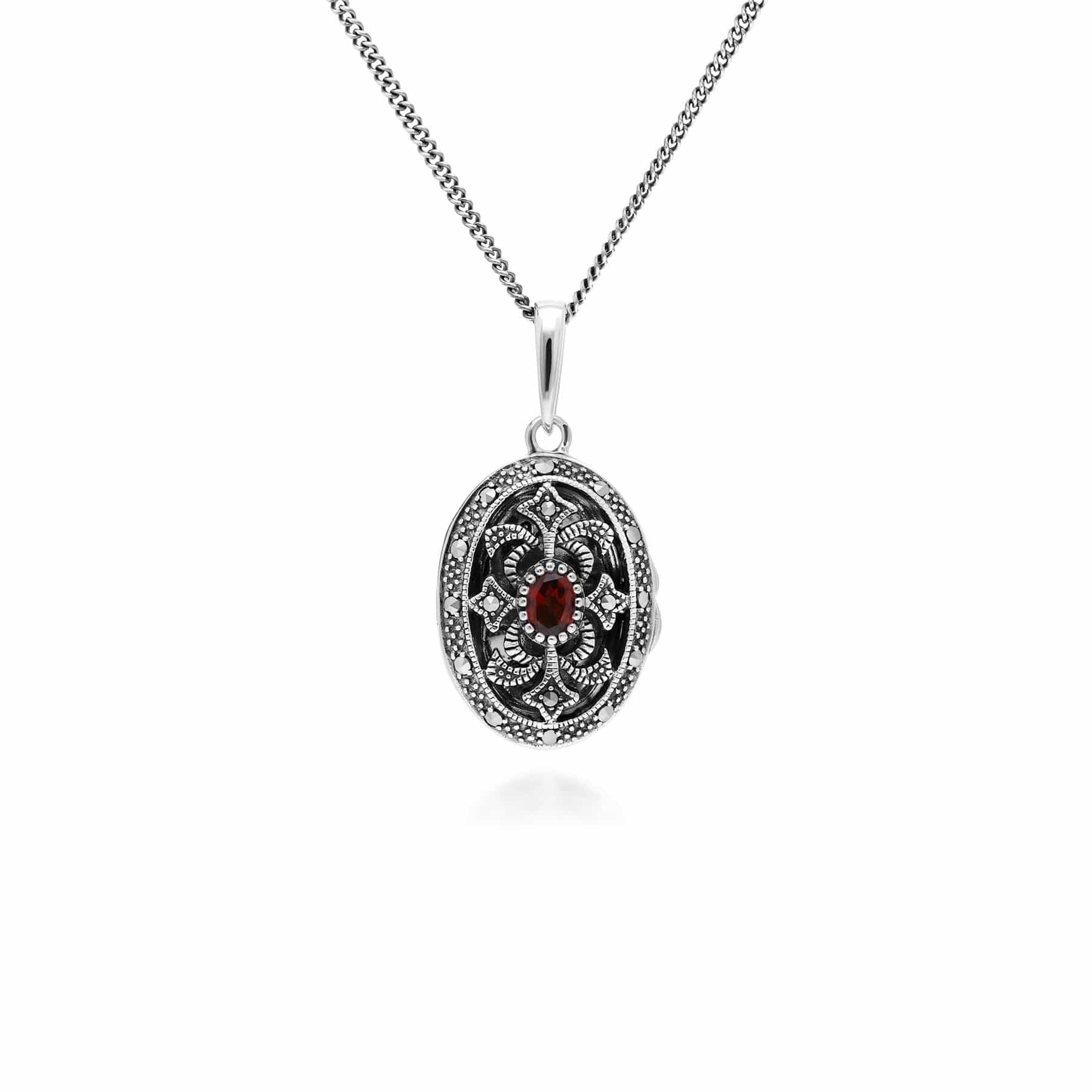 Product photograph of Art Nouveau Style Oval Garnet Marcasite Locket Necklace In Sterling Silver from Gemondo Jewellery