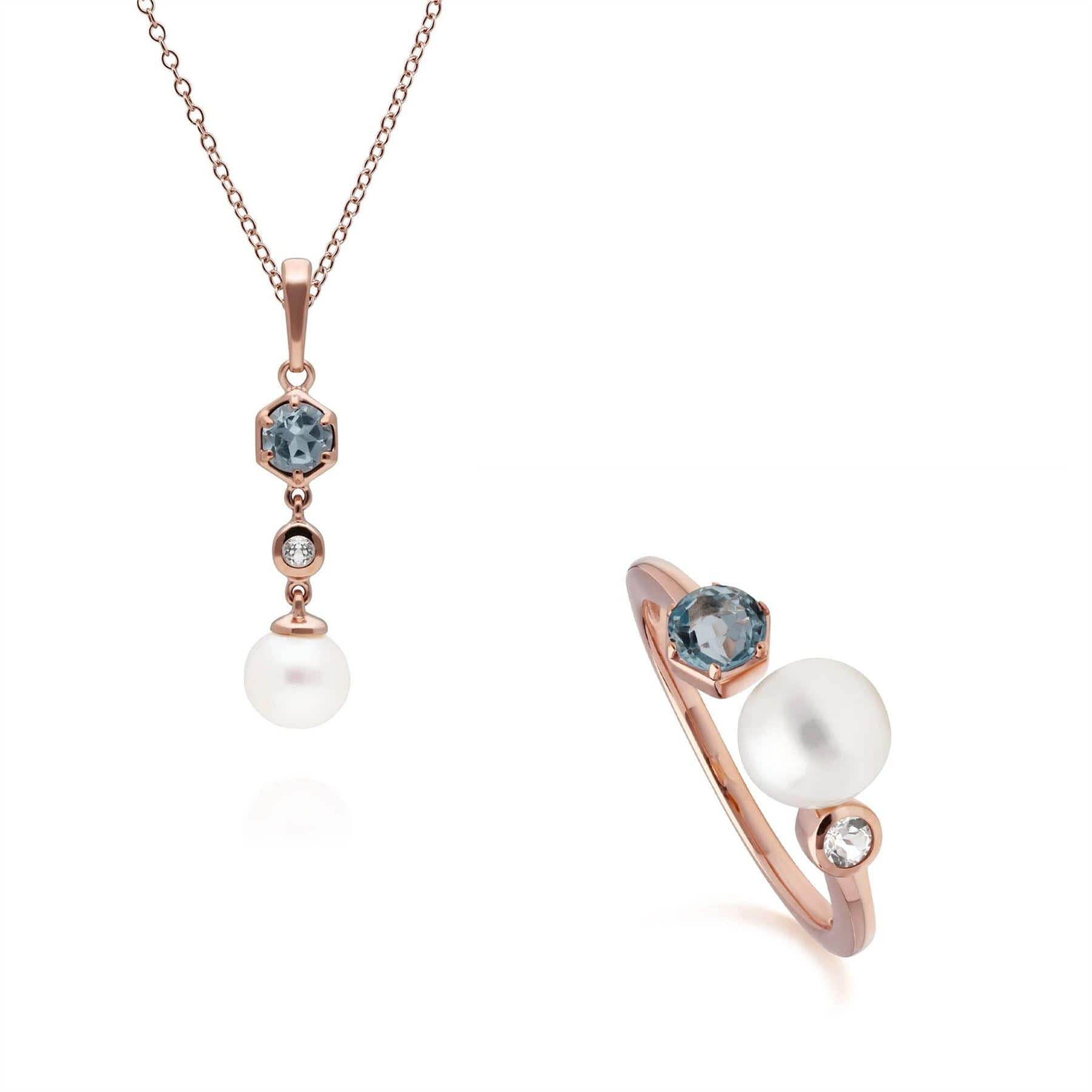 Product photograph of Modern Pearl Topaz Pendant Ring Set In Rose Gold Plated Sterling Silver from Gemondo Jewellery