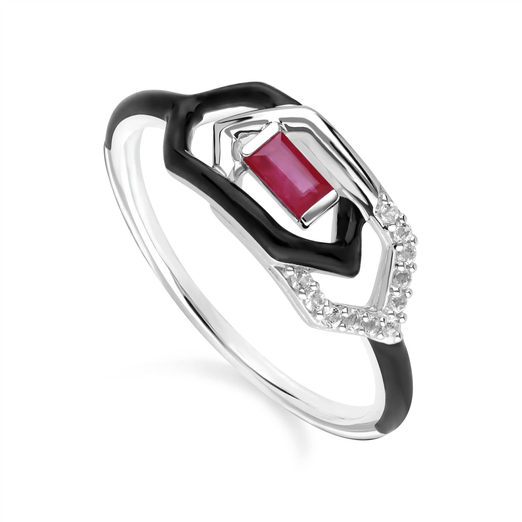 Product photograph of Grand Deco Enamel White Topaz Ruby Link Ring In 9ct White Gold from Gemondo Jewellery