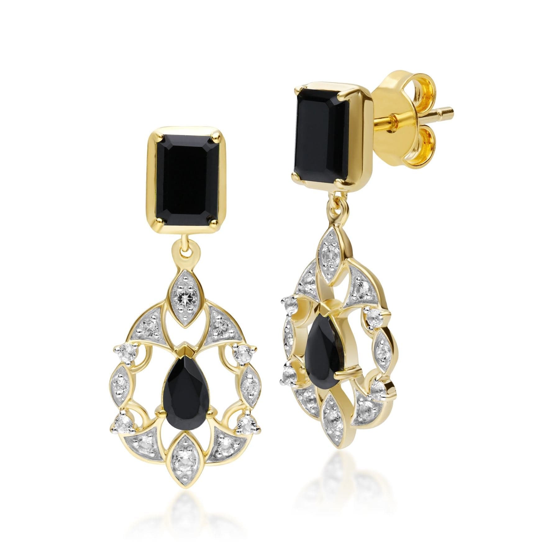 Product photograph of Ecfew Creator Black Onyx Spinel White Topaz Earrings In Gold Plated Sterling Silver from Gemondo Jewellery