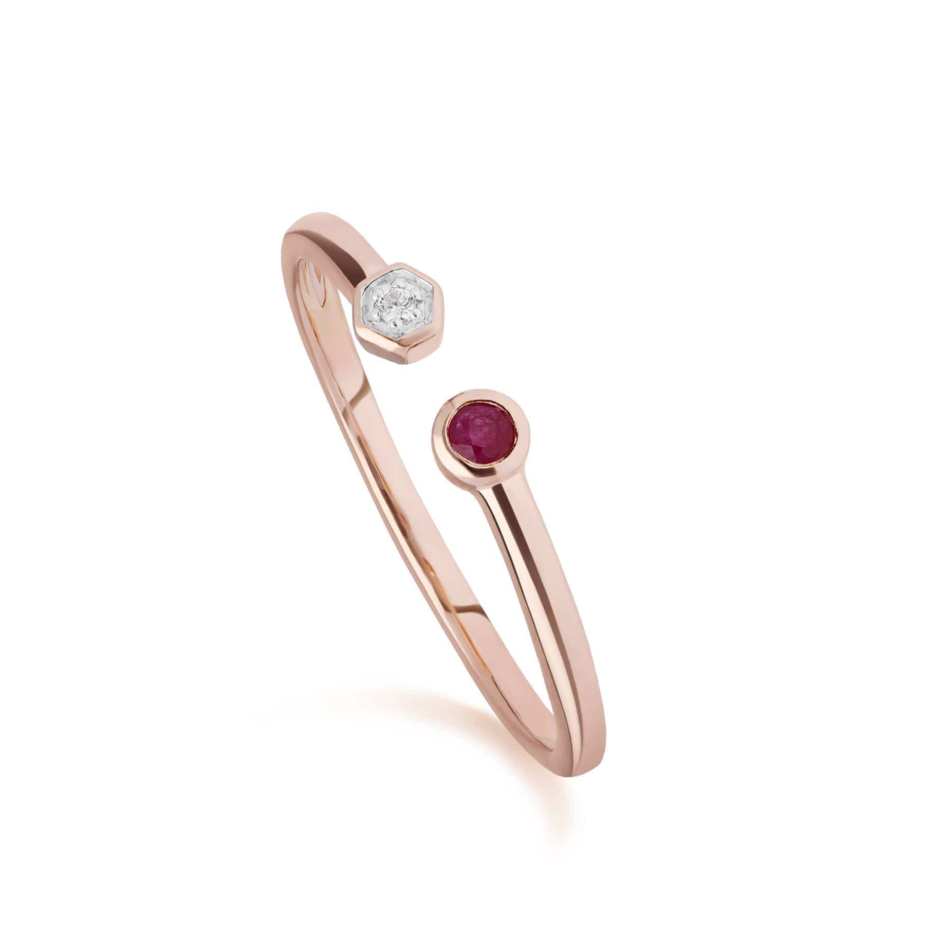 Product photograph of Contemporary Ruby Diamond Geometric Open Ring In 9ct Rose Gold from Gemondo Jewellery