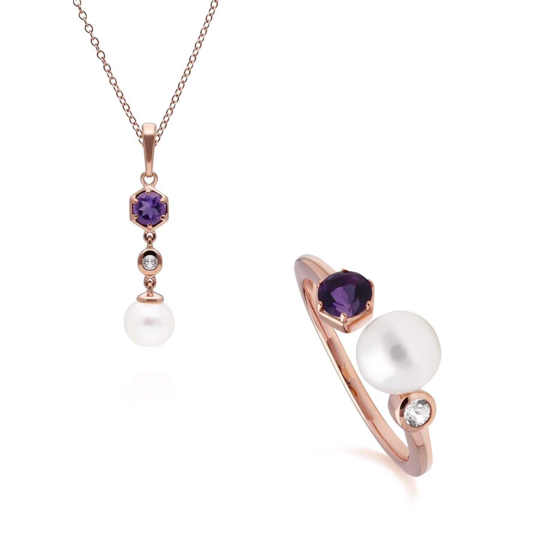 Image of Modern Pearl, Amethyst & Topaz Pendant & Ring Set in Rose Gold Plated Silver