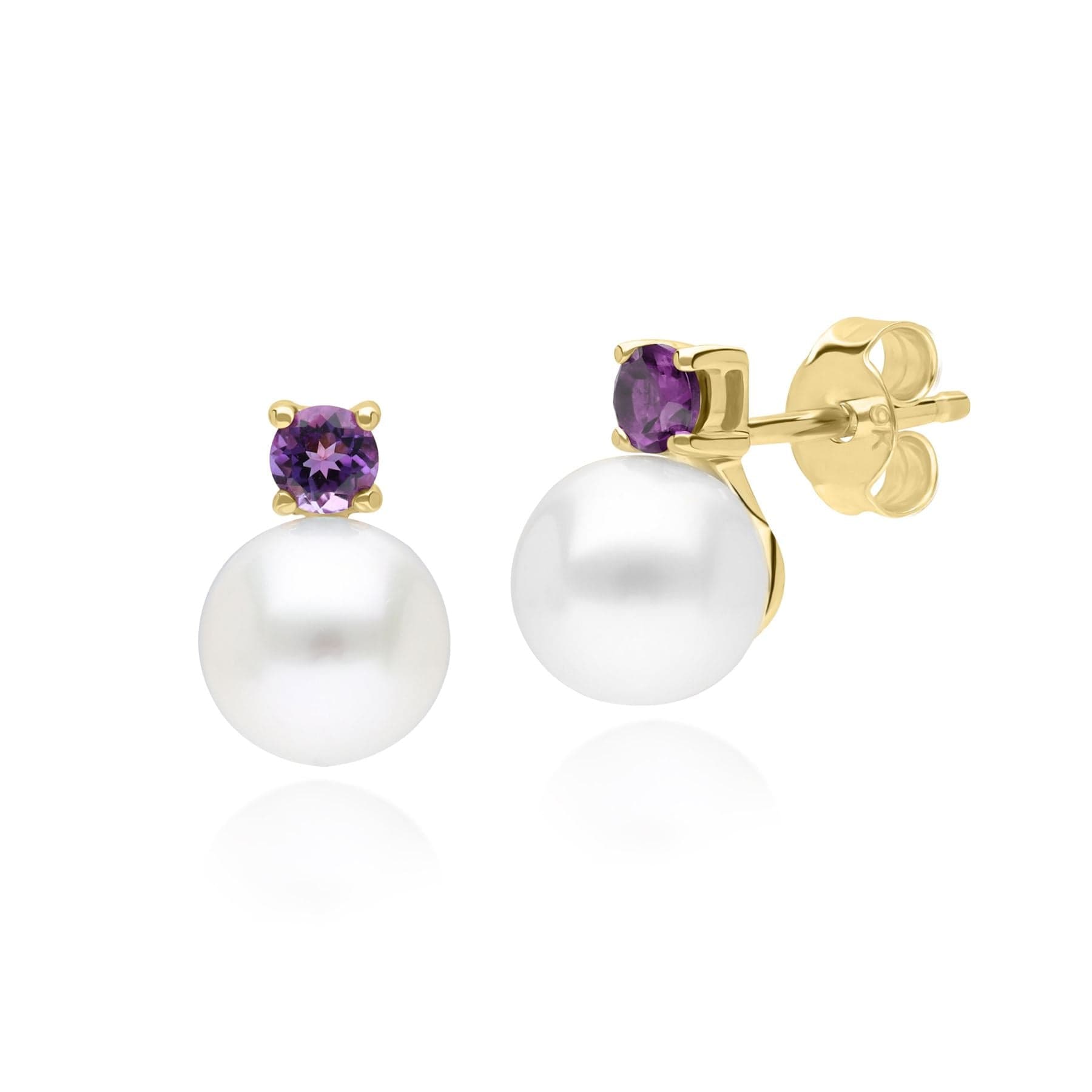 Product photograph of Modern Pearl Amethyst Stud Earrings In 9ct Yellow Gold from Gemondo Jewellery