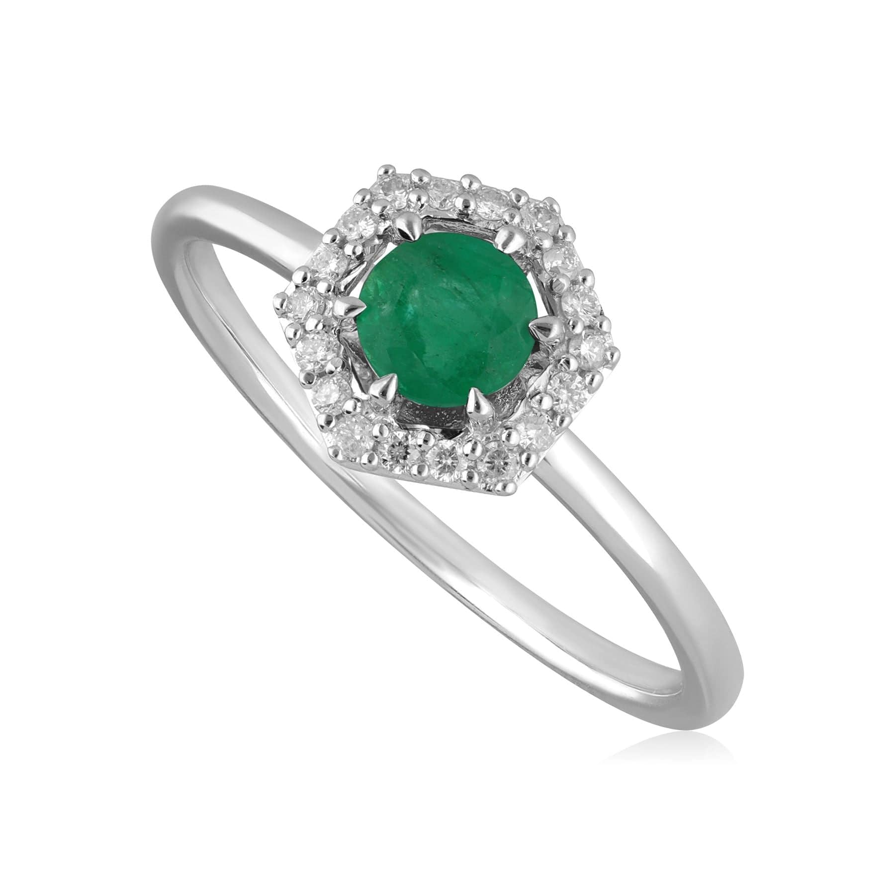 Product photograph of 9ct White Gold 0 67ct Emerald Diamond Halo Ring from Gemondo Jewellery