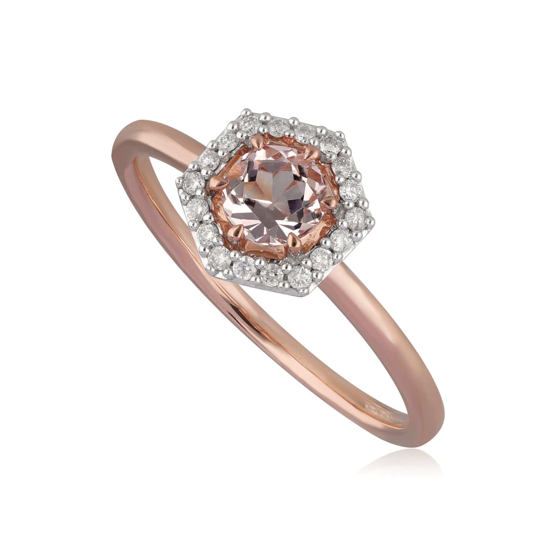 Product photograph of 9ct Rose Gold 0 378ct Morganite Diamond Halo Engagement Ring from Gemondo Jewellery