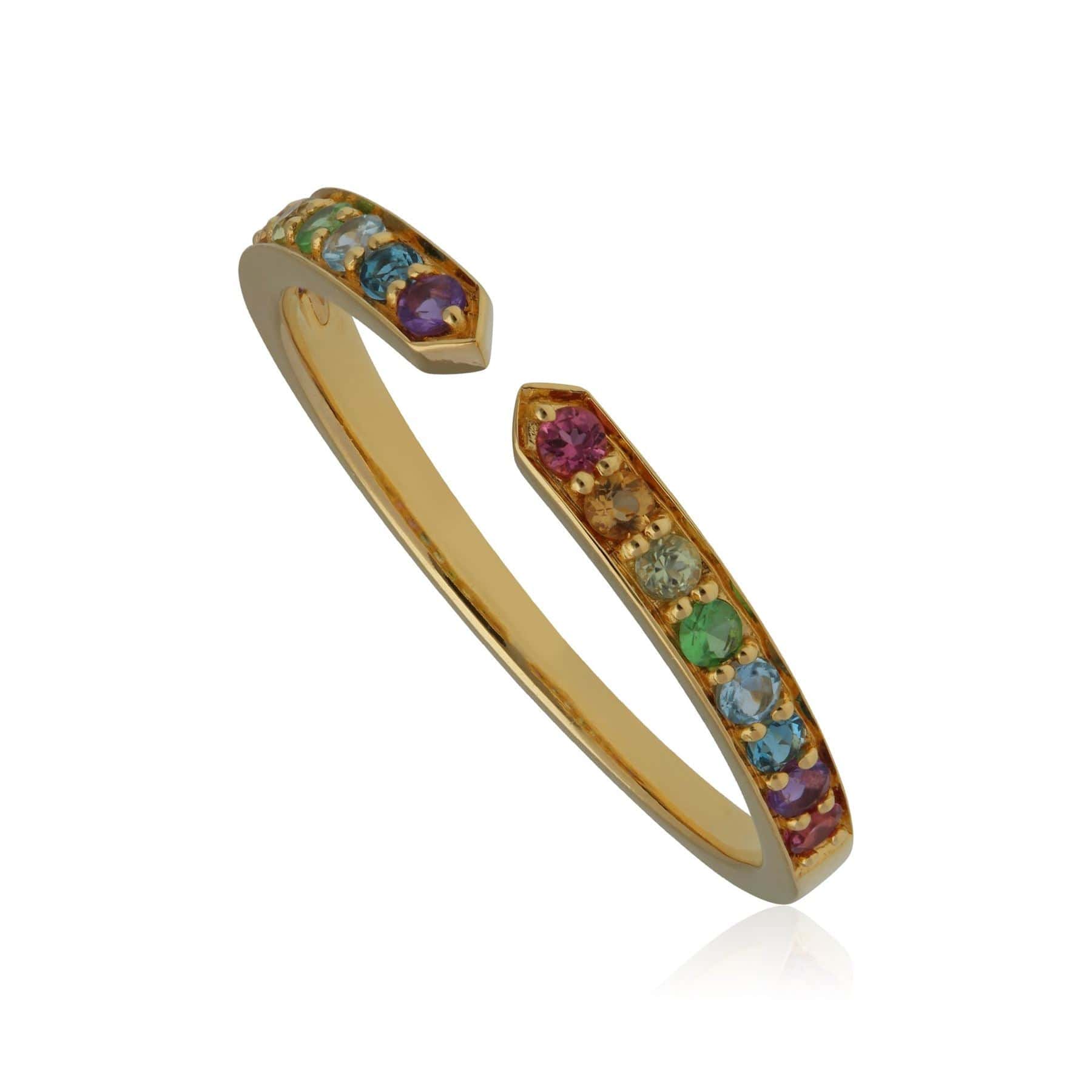 Product photograph of Rainbow Gemstone Open Ring In Gold Plated Sterling Silver from Gemondo Jewellery