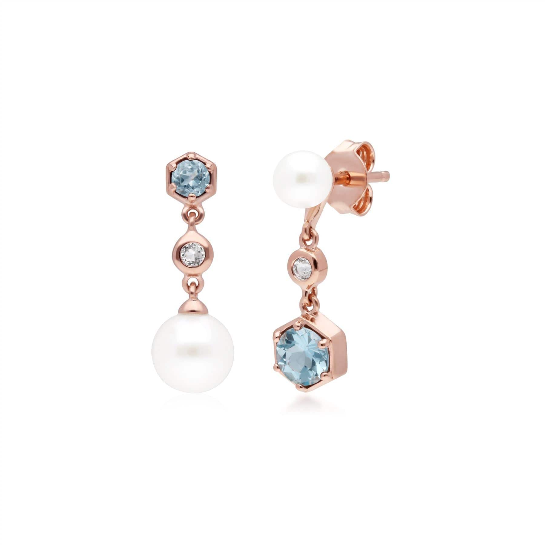 Product photograph of Modern Pearl White Blue Topaz Mismatched Drop Earrings In Rose Gold Plated Silver from Gemondo Jewellery