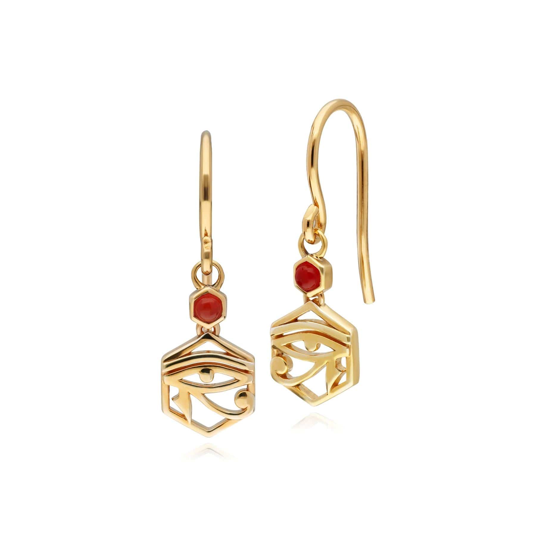 Product photograph of Ecfew Carnelian Eye Of Ra Drop Earrings In 9ct Yellow Gold from Gemondo Jewellery