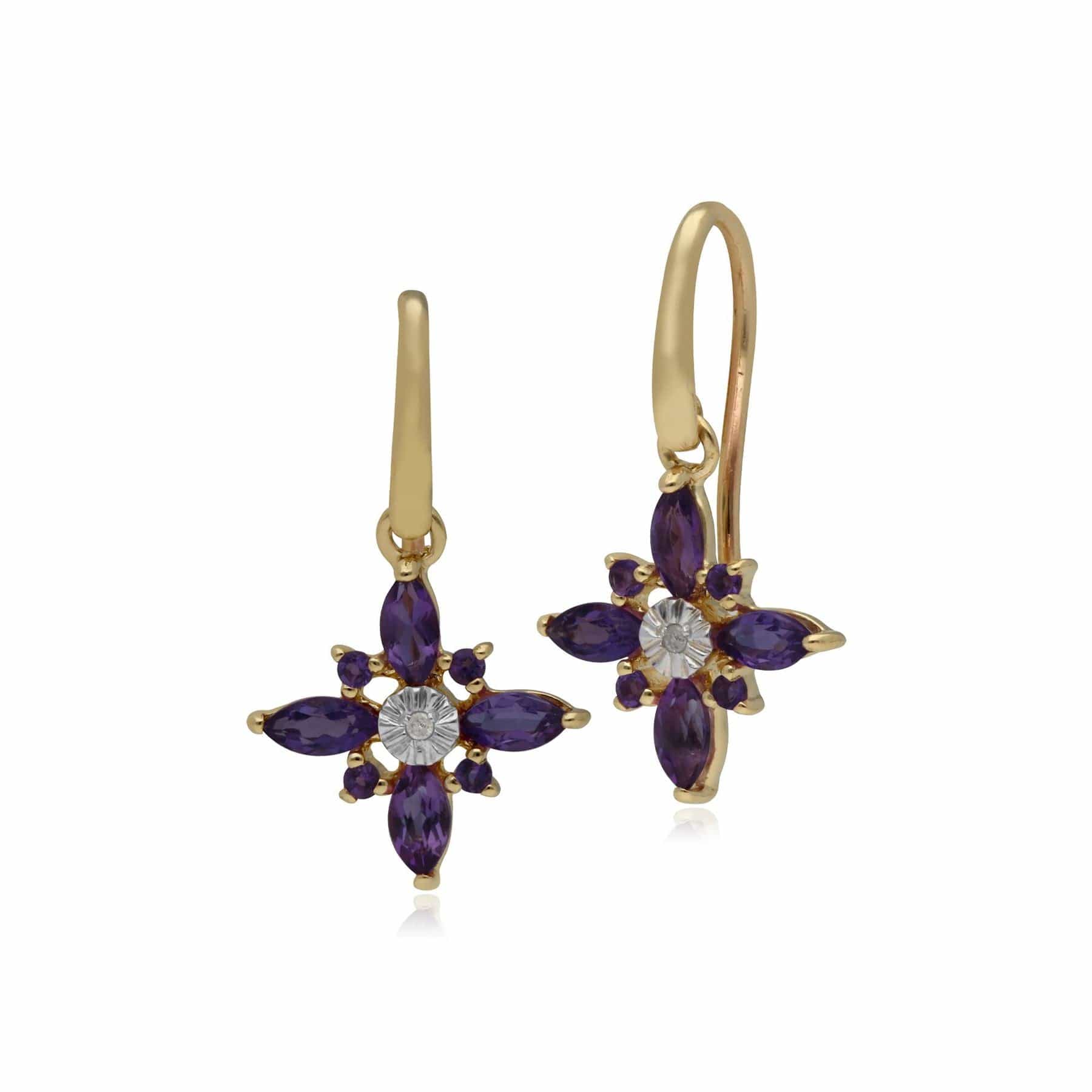 Image of Amethyst & Diamond Starburst Earrings in 9ct Yellow Gold