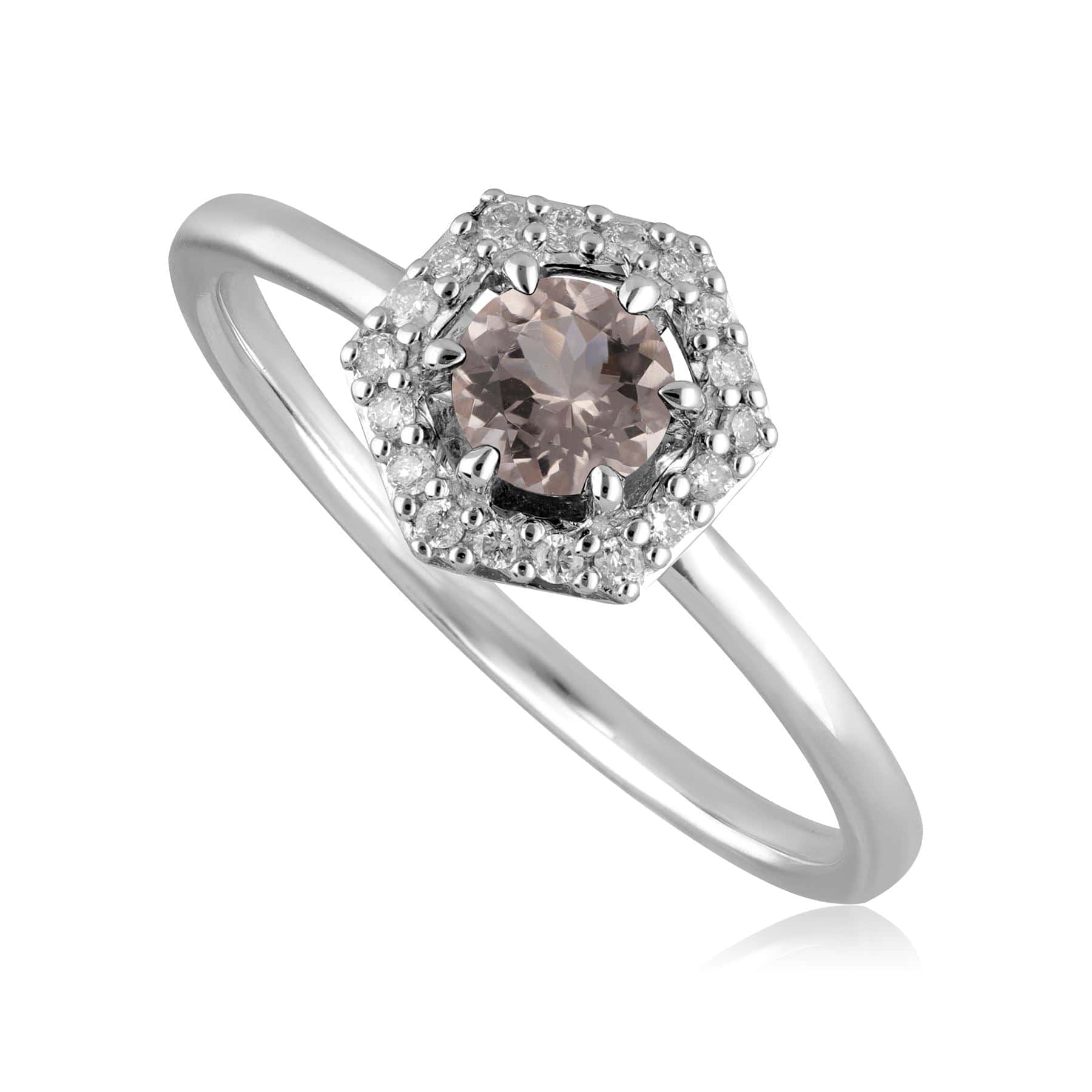 Product photograph of 9ct White Gold 0 556ct Morganite Diamond Halo Hexagon Ring from Gemondo Jewellery