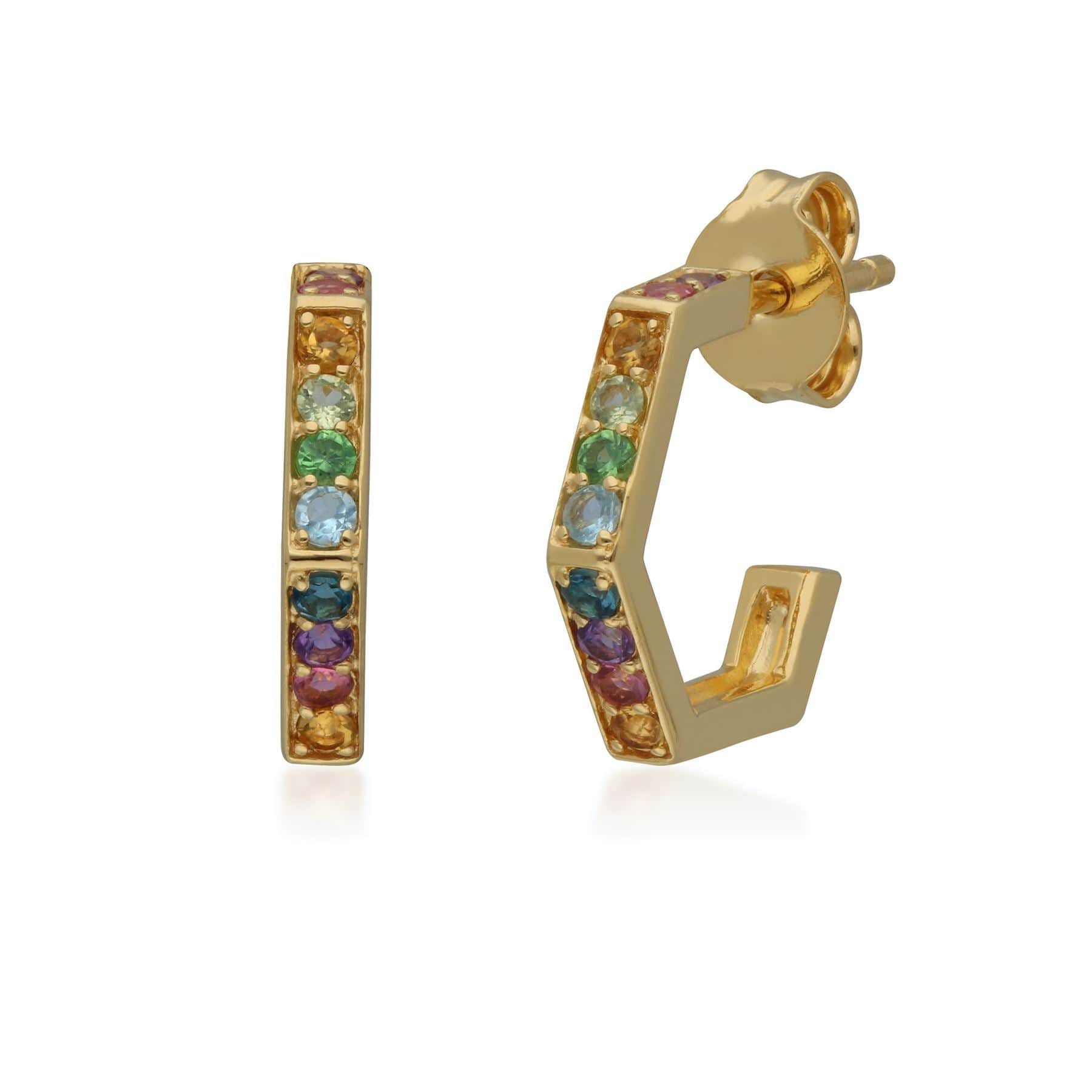 Product photograph of Rainbow Hexagon Hoop Earrings In Gold Plated Sterling Silver from Gemondo Jewellery