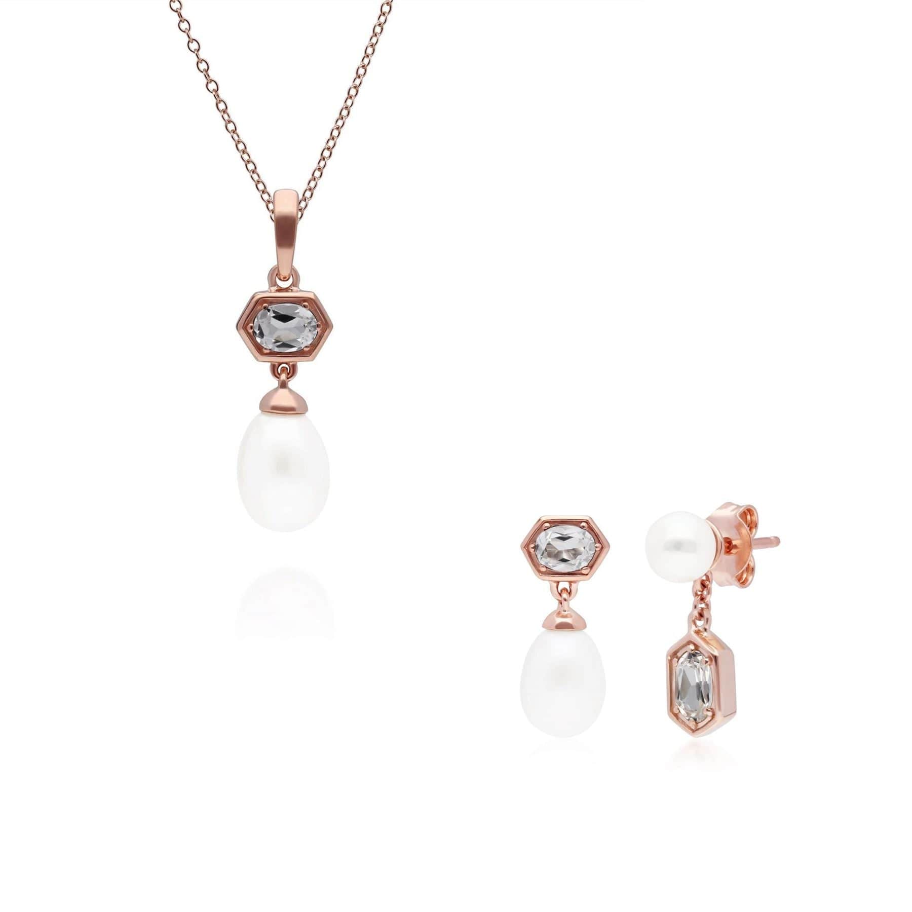 Image of Modern Pearl & Topaz Pendant & Earring Set in Rose Gold Plated Silver