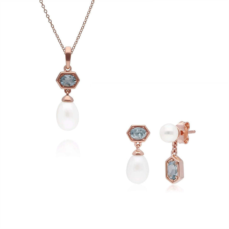 Modern Pearl & Aquamarine Pendant & Earring Set in Rose Gold Plated Silver - Gemondo