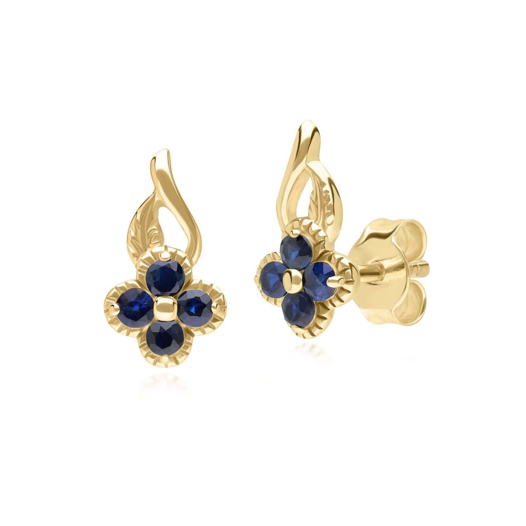 Image of Floral Round Sapphire Stud Earrings in 9ct Yellow Gold