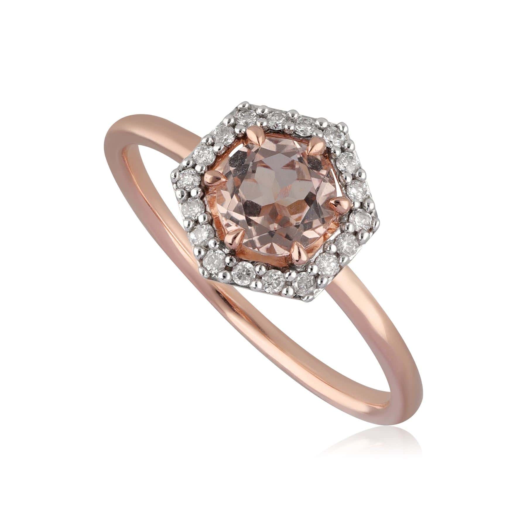 Product photograph of 9ct Rose Gold 0 556ct Morganite Diamond Halo Engagement Ring from Gemondo Jewellery