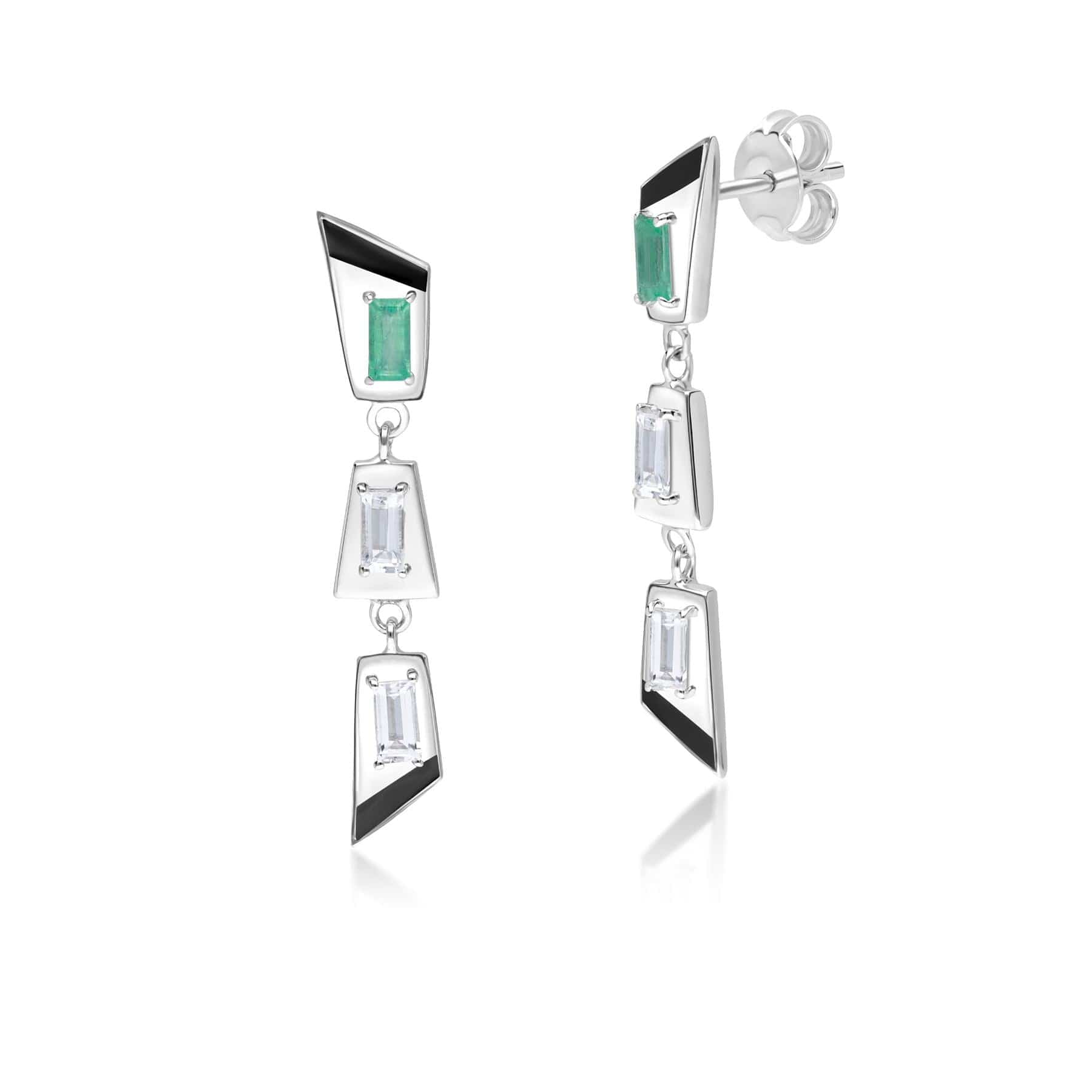 Product photograph of Grand Deco Emerald White Topaz Retro Drop Earrings In Sterling Silver from Gemondo Jewellery