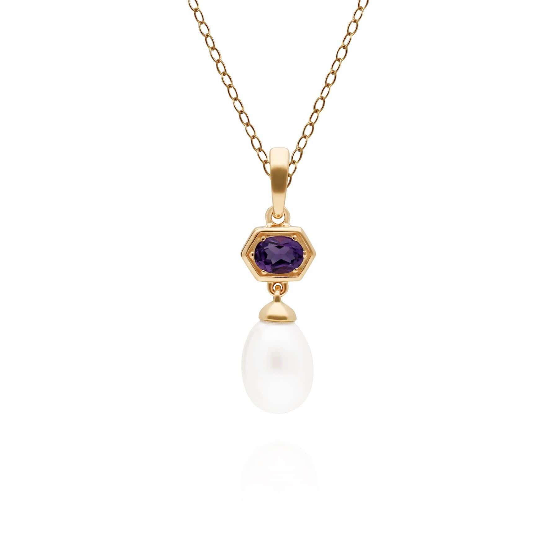 Image of Modern Pearl & Amethyst Hexagon Drop Pendant in Gold Plated Silver