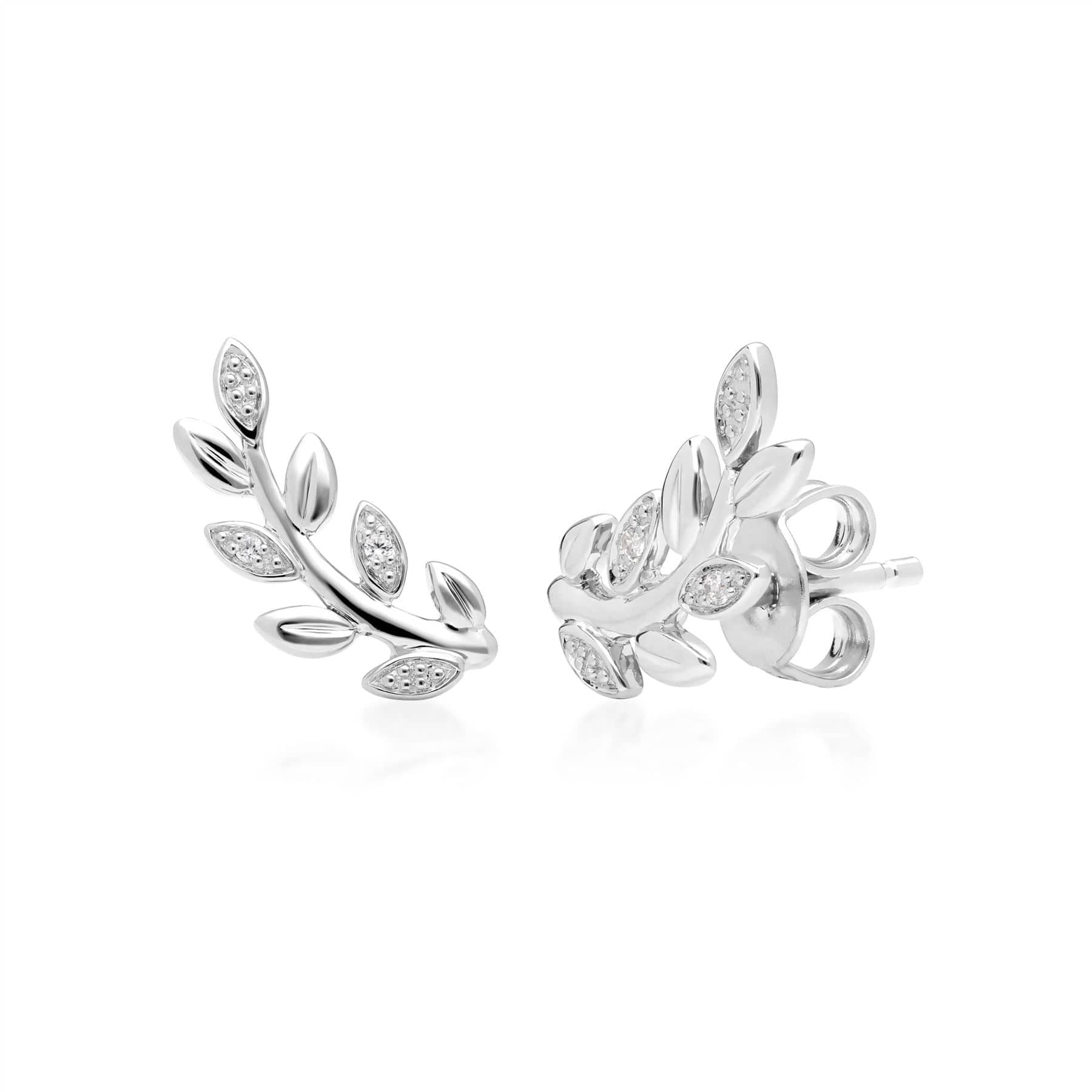 Product photograph of O Leaf Diamond Pave Stud Earrings In 9ct White Gold from Gemondo Jewellery