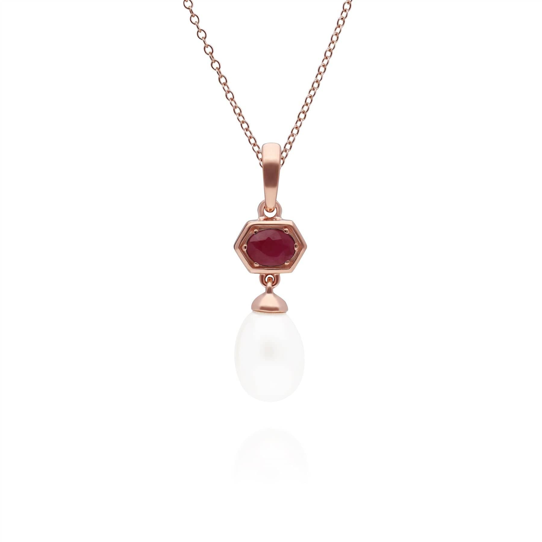 Product photograph of Modern Pearl Ruby Hexagon Drop Pendant In Rose Gold Plated Silver from Gemondo Jewellery