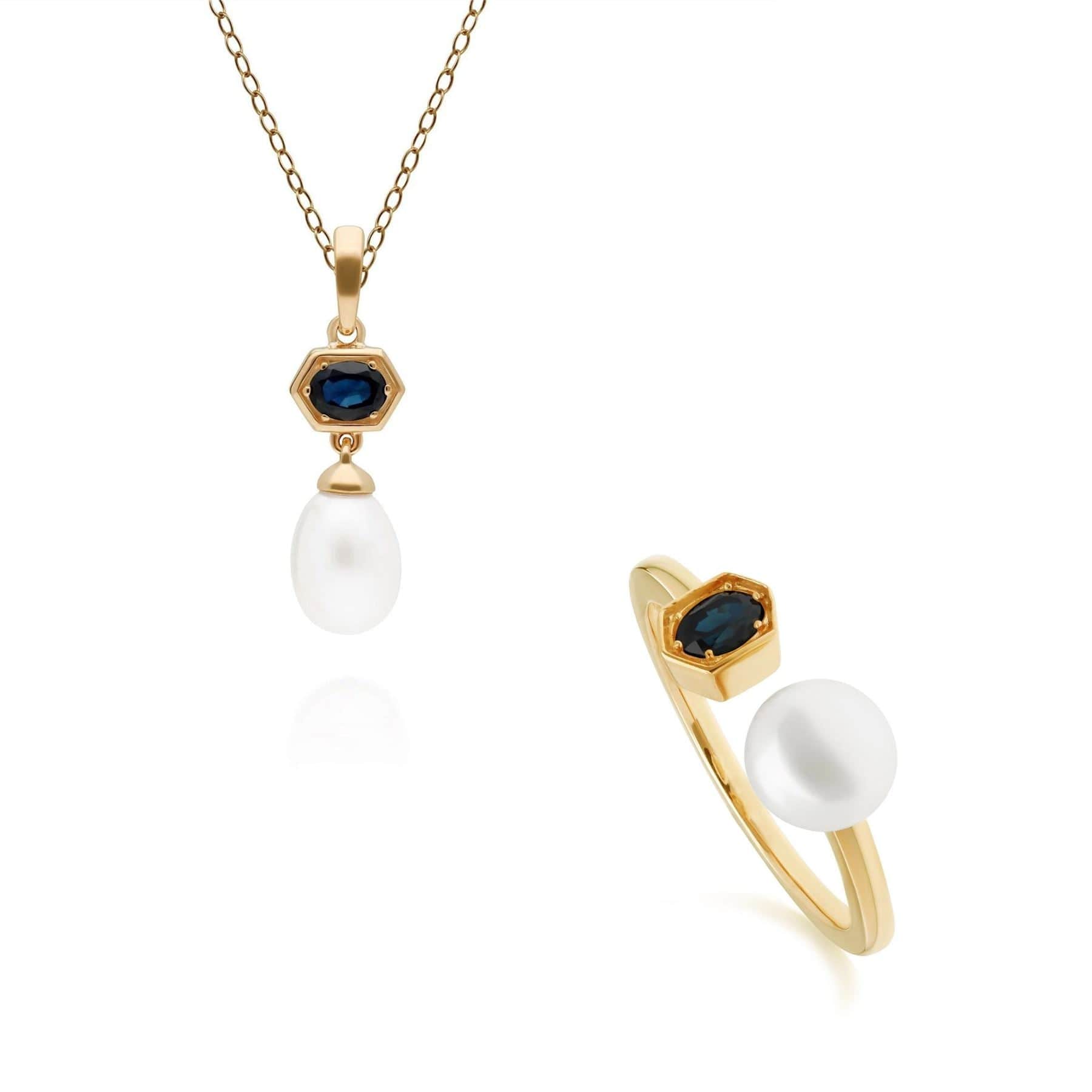 Product photograph of Modern Pearl Sapphire Pendant Ring Set In Gold Plated Silver from Gemondo Jewellery