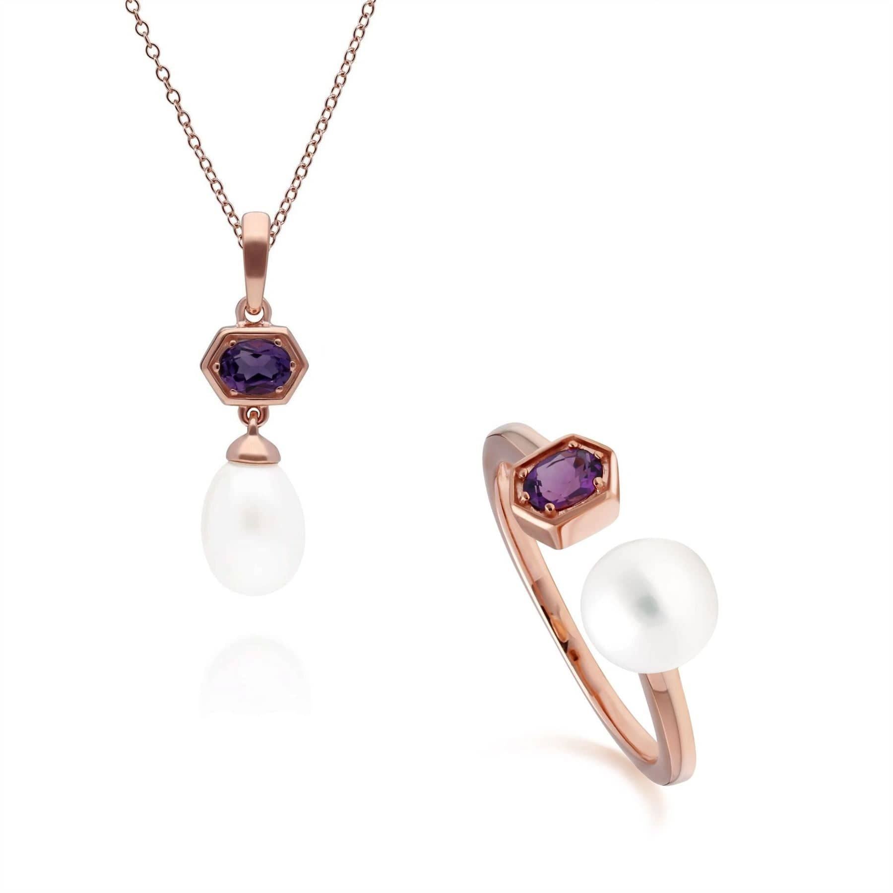 Image of Modern Pearl & Amethyst Pendant & Ring Set in Rose Gold Plated Silver
