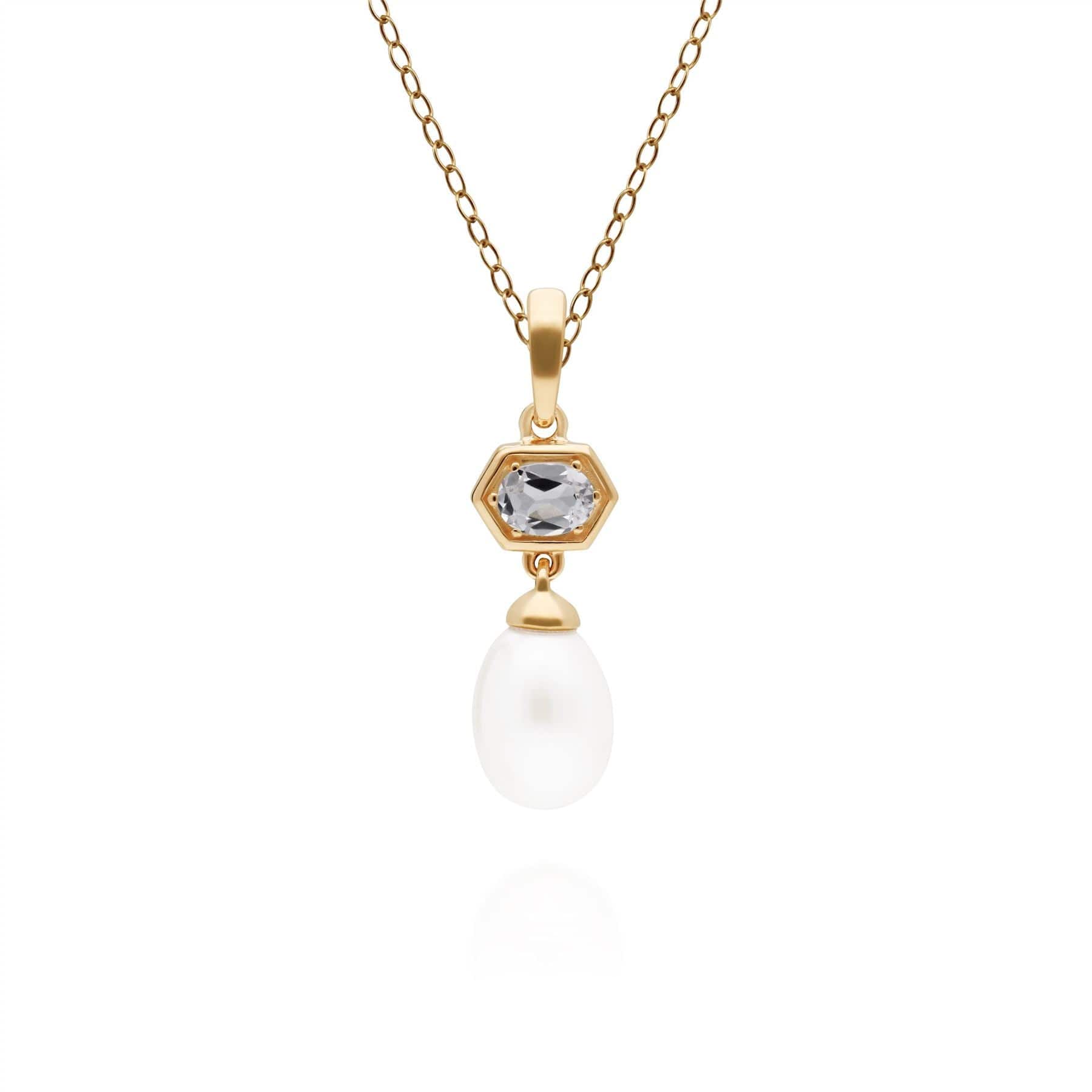 Product photograph of Modern Pearl White Topaz Hexagon Drop Pendant In Gold Plated Silver from Gemondo Jewellery