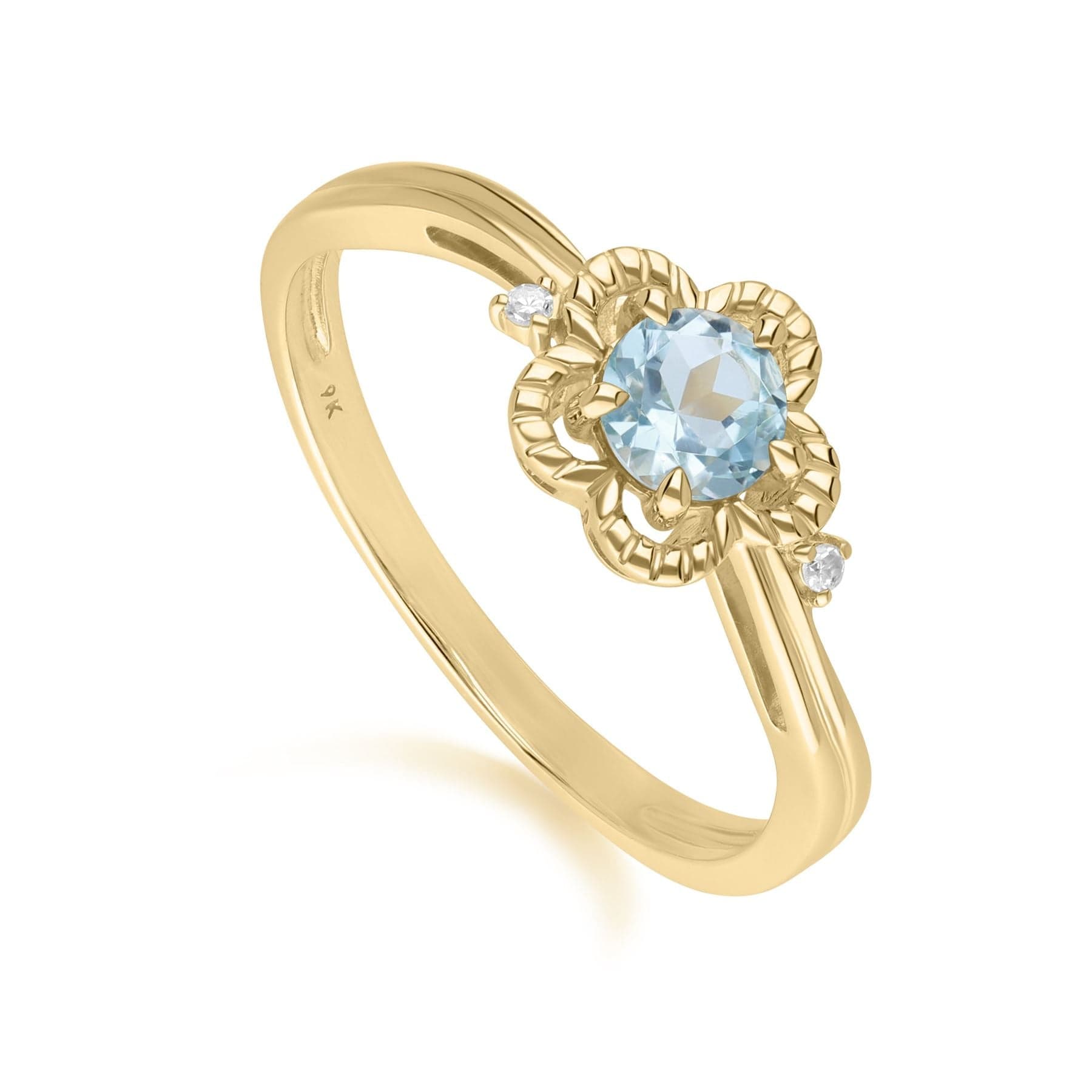 Image of Floral Round Blue Topaz & Diamond Ring in 9ct Yellow Gold